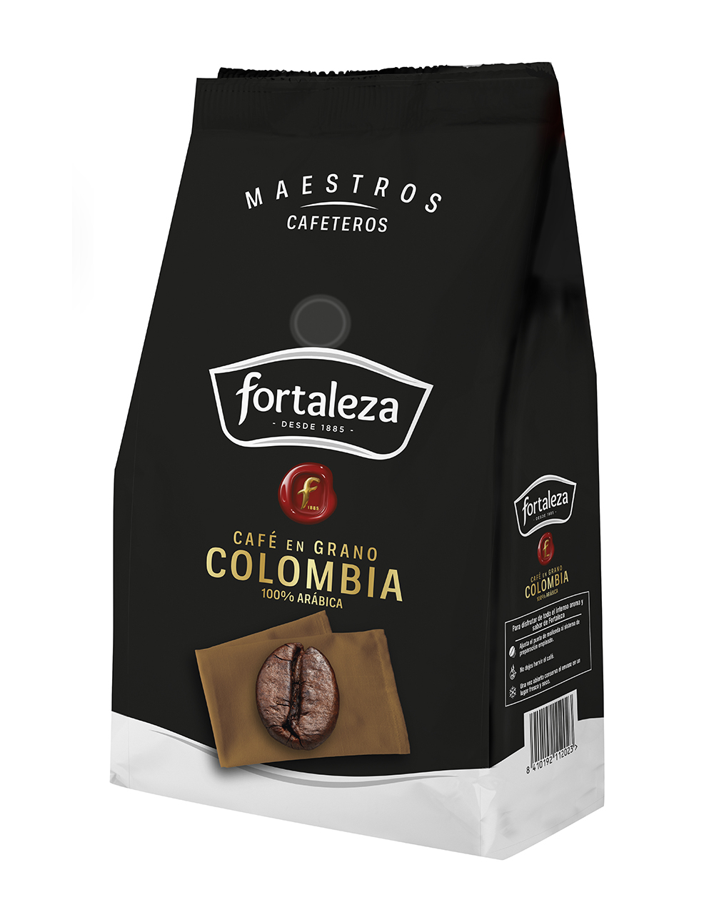 Bolsa negra de granos de café Fortaleza. Presenta logo, texto y un grano de café.