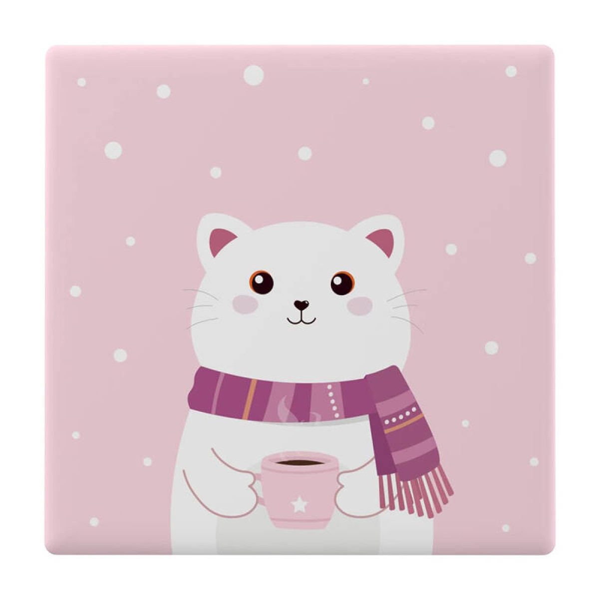 Biały kot w szaliku trzyma kubek z gorącym napojem.