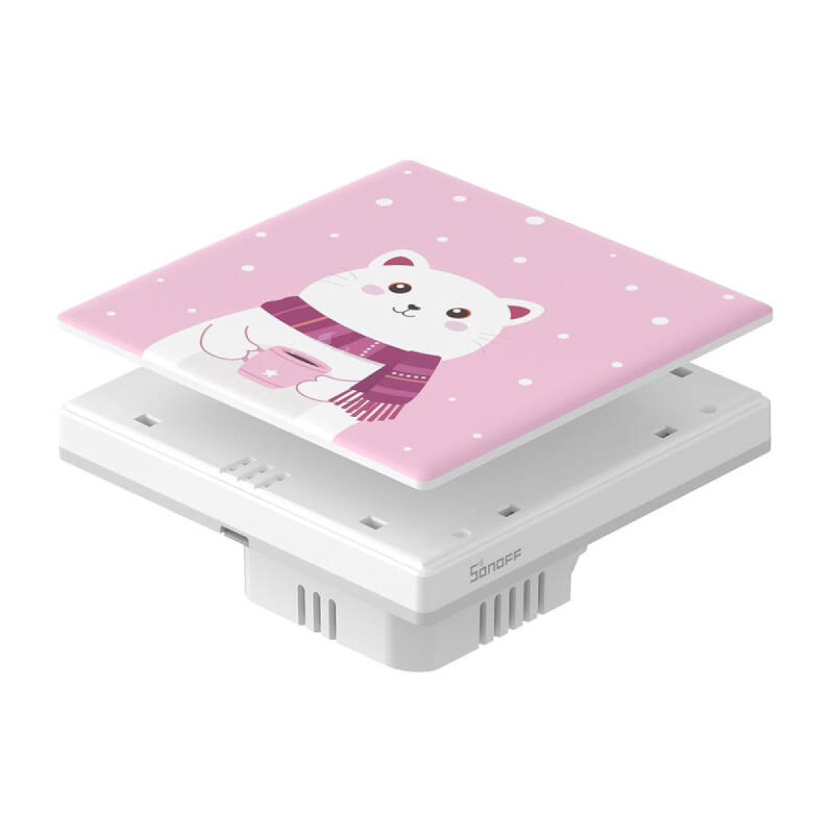 Biały kot w szaliku trzyma kubek na różowym tle z płatkami śniegu.