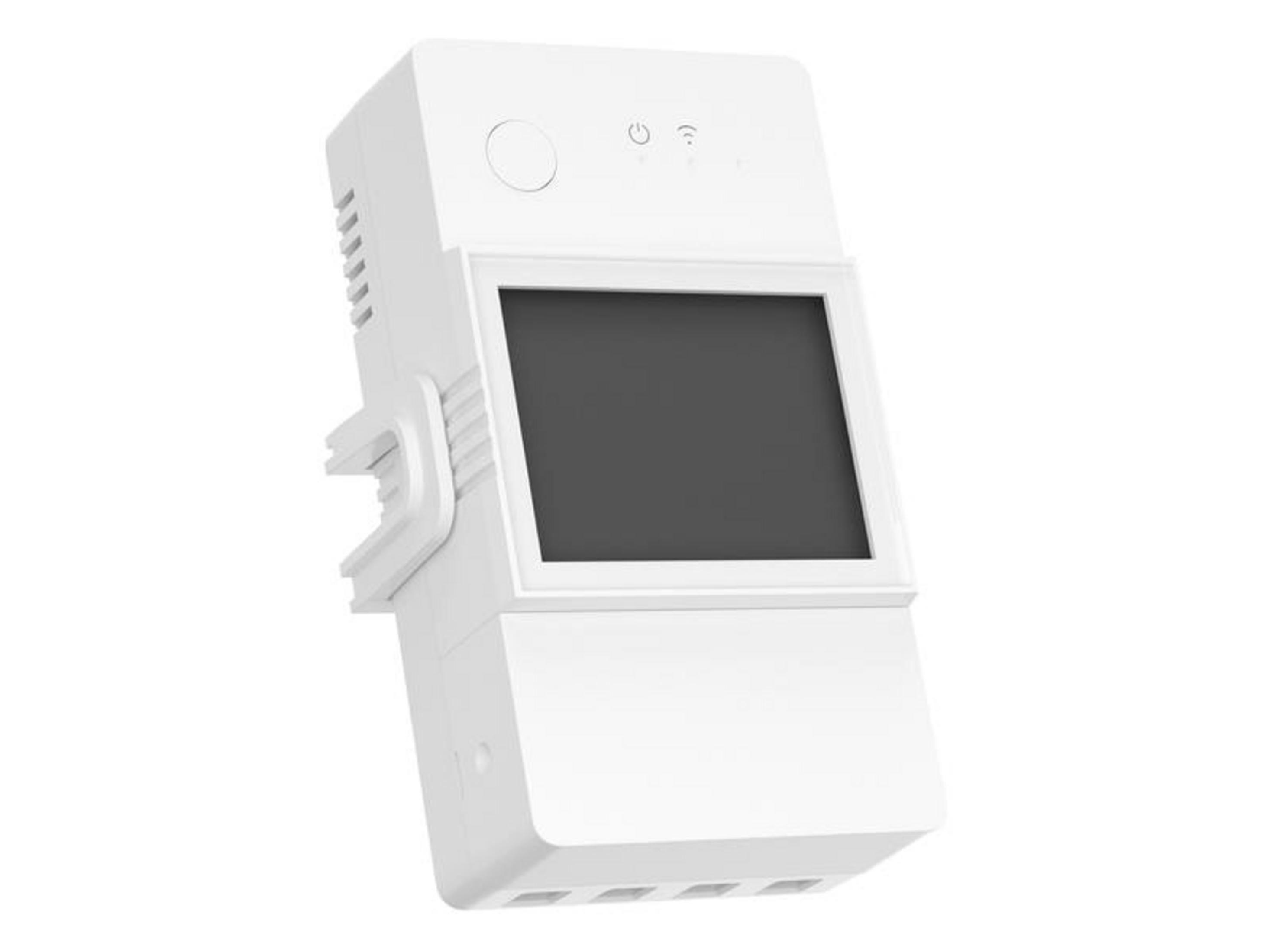 Białe urządzenie smart home z ciemnym ekranem i przyciskami.