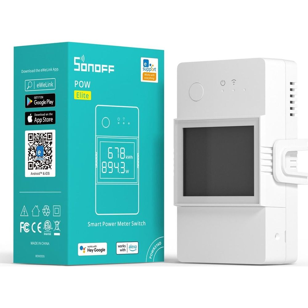 Opakowanie i urządzenie inteligentnego przełącznika miernika mocy Sonoff POW Elite. Ekran pokazuje 678 kWh i 894,3 W.