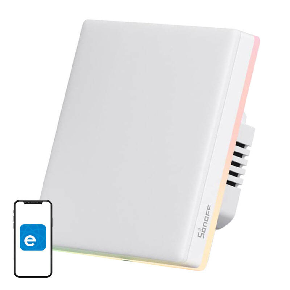 Biały inteligentny przełącznik z kolorową krawędzią LED, obok smartfon z ikoną aplikacji.