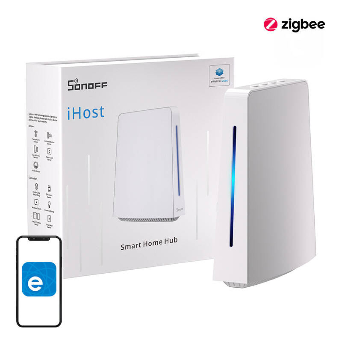 Biały hub Sonoff iHost Smart Home i jego pudełko, ze smartfonem.