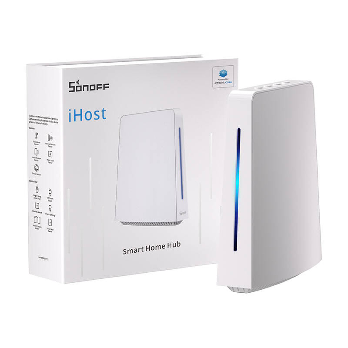 Sonoff iHost Smart Home Hub z opakowaniem i urządzeniem na białym tle.