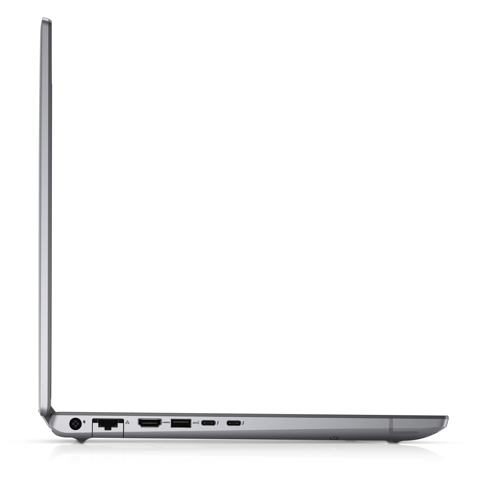 Gümüş renkli dizüstü bilgisayarın yan görünümü: güç, ağ, HDMI, USB-C, Thunderbolt.