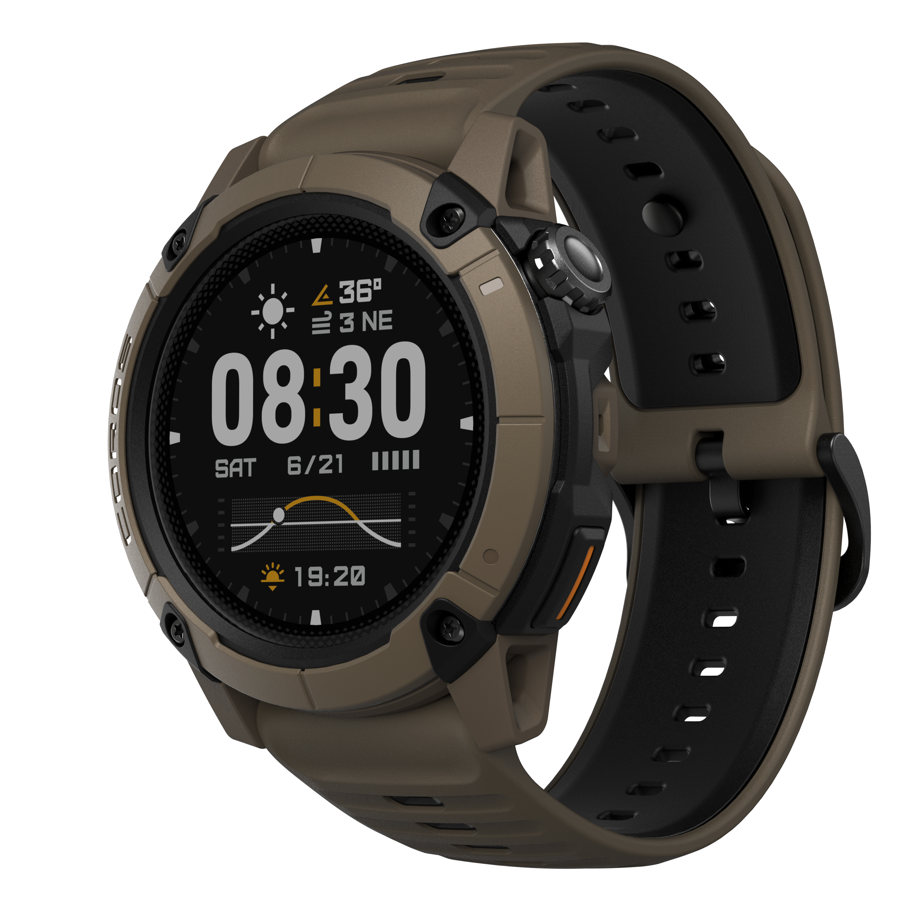 Uno smartwatch marrone con cinturino nero su sfondo nero.