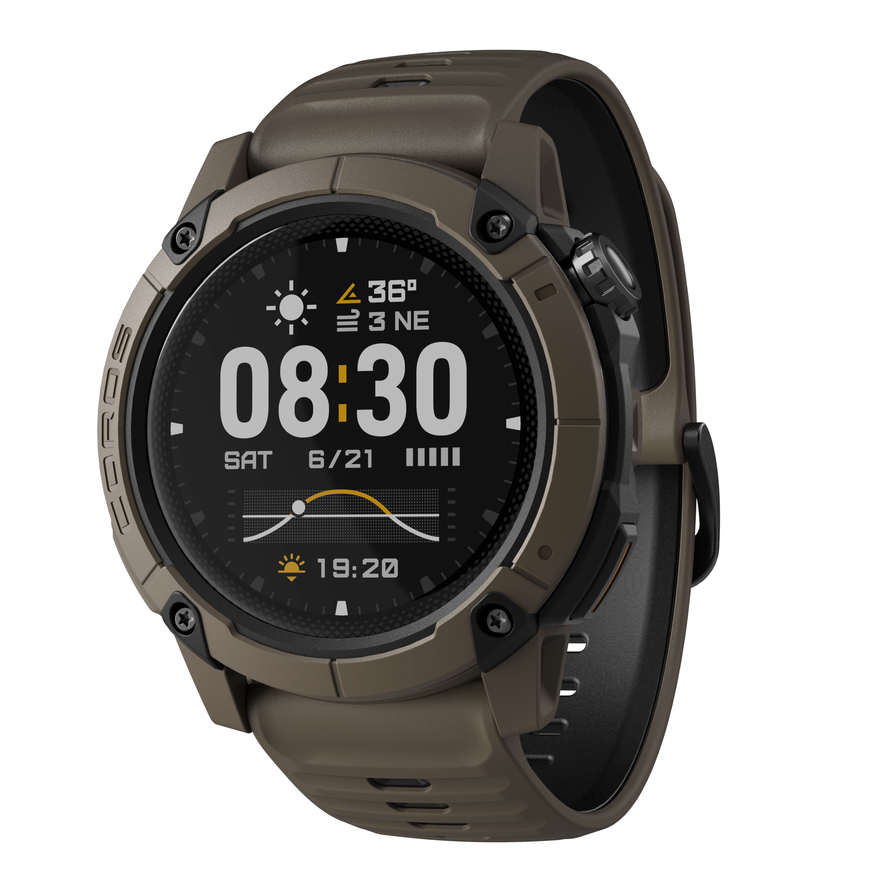 Smartwatch marrone con display nero che mostra 08:30, data e meteo.