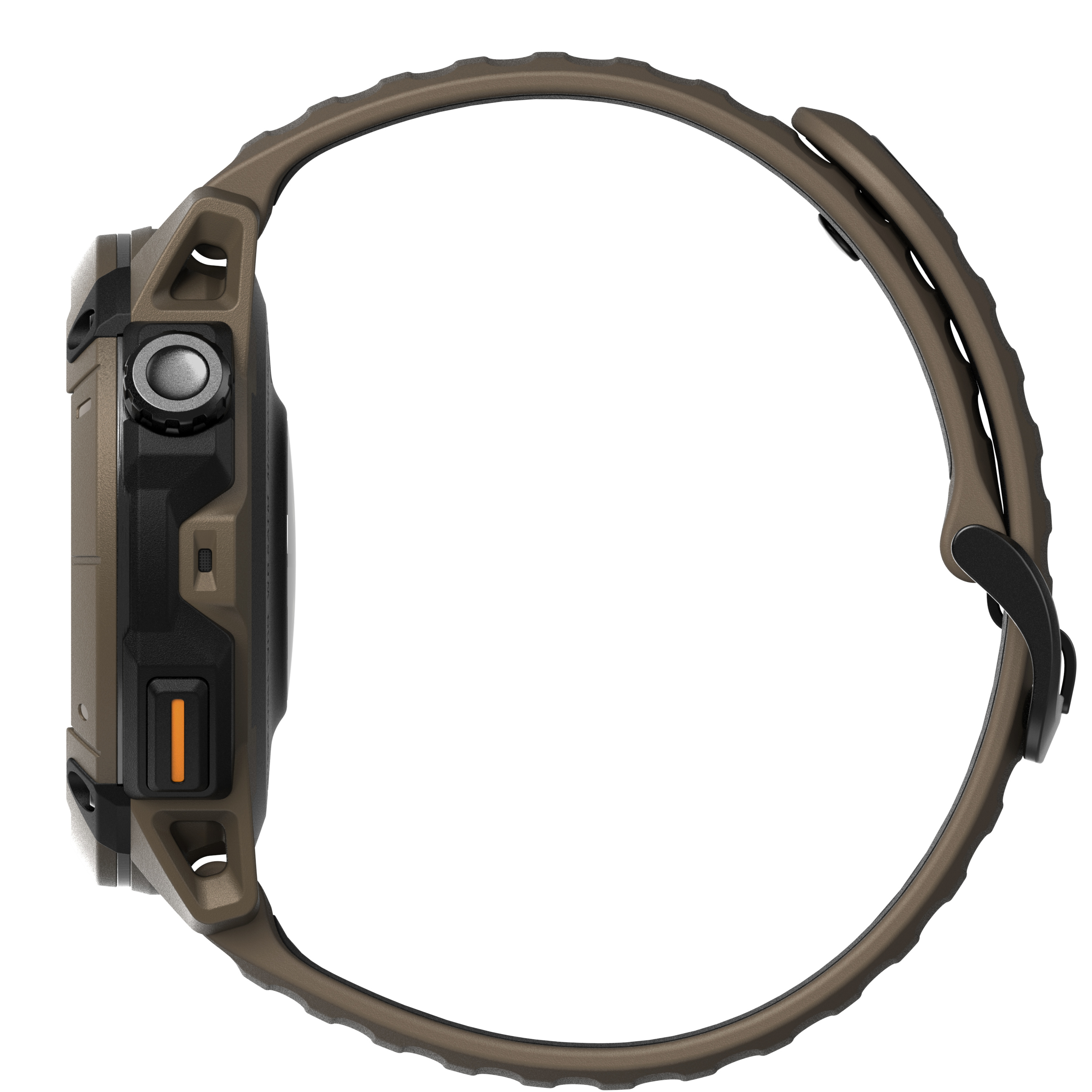 Orologio smart marrone con pulsante e accento arancione, vista laterale.