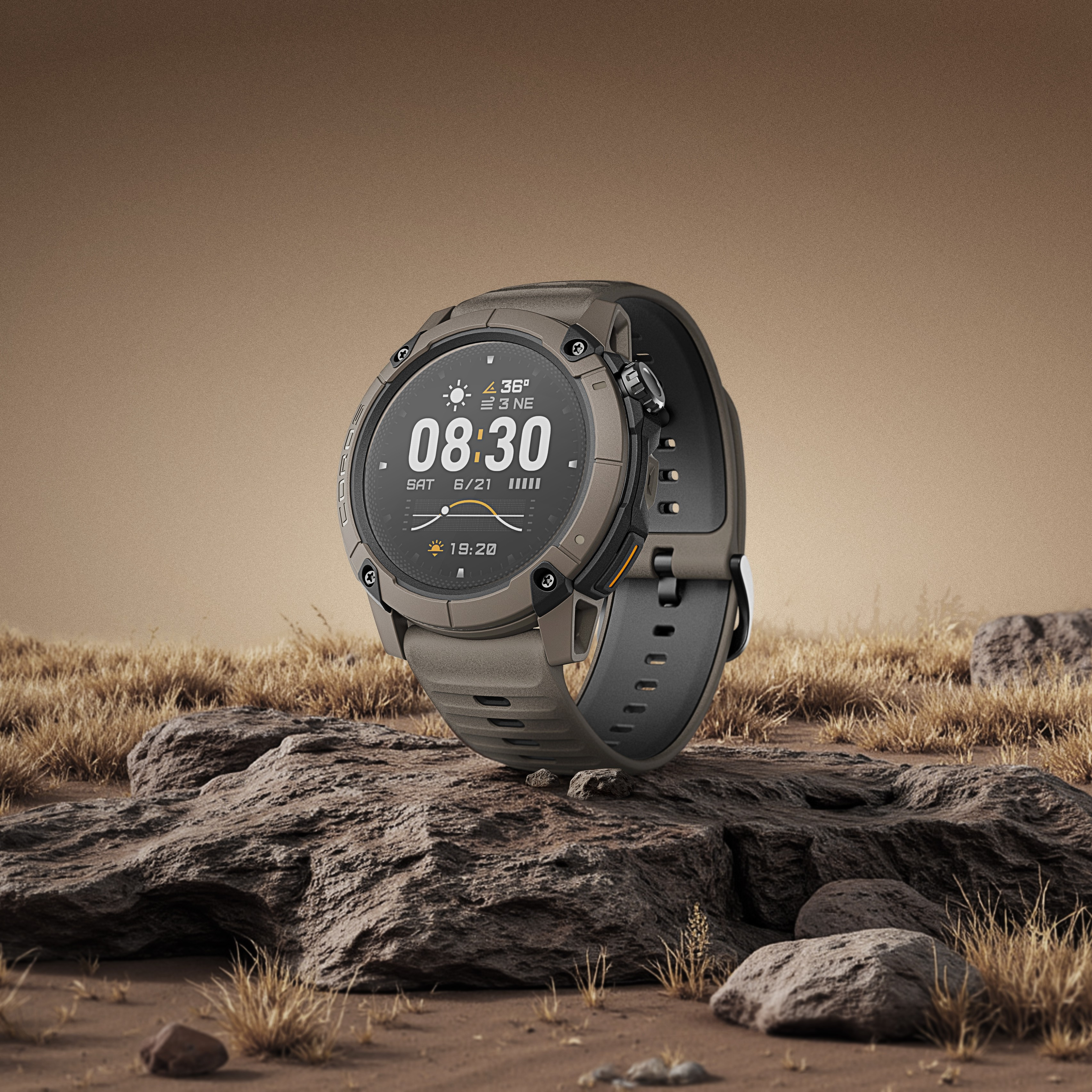 Uno smartwatch grigio su rocce con erba secca sullo sfondo.