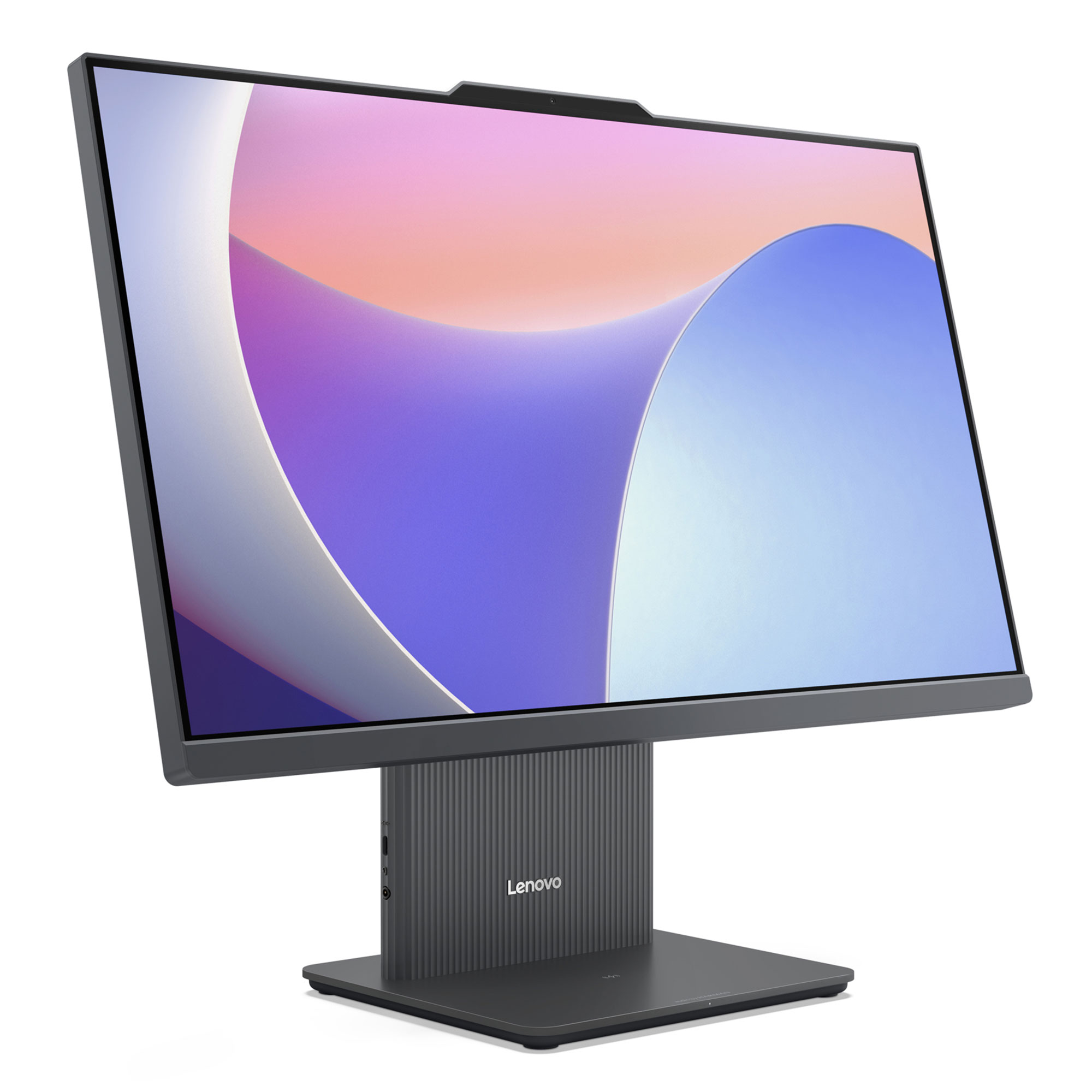 Soyut bir arka plan gösteren büyük ekranlı gri Lenovo hepsi bir arada bilgisayar.