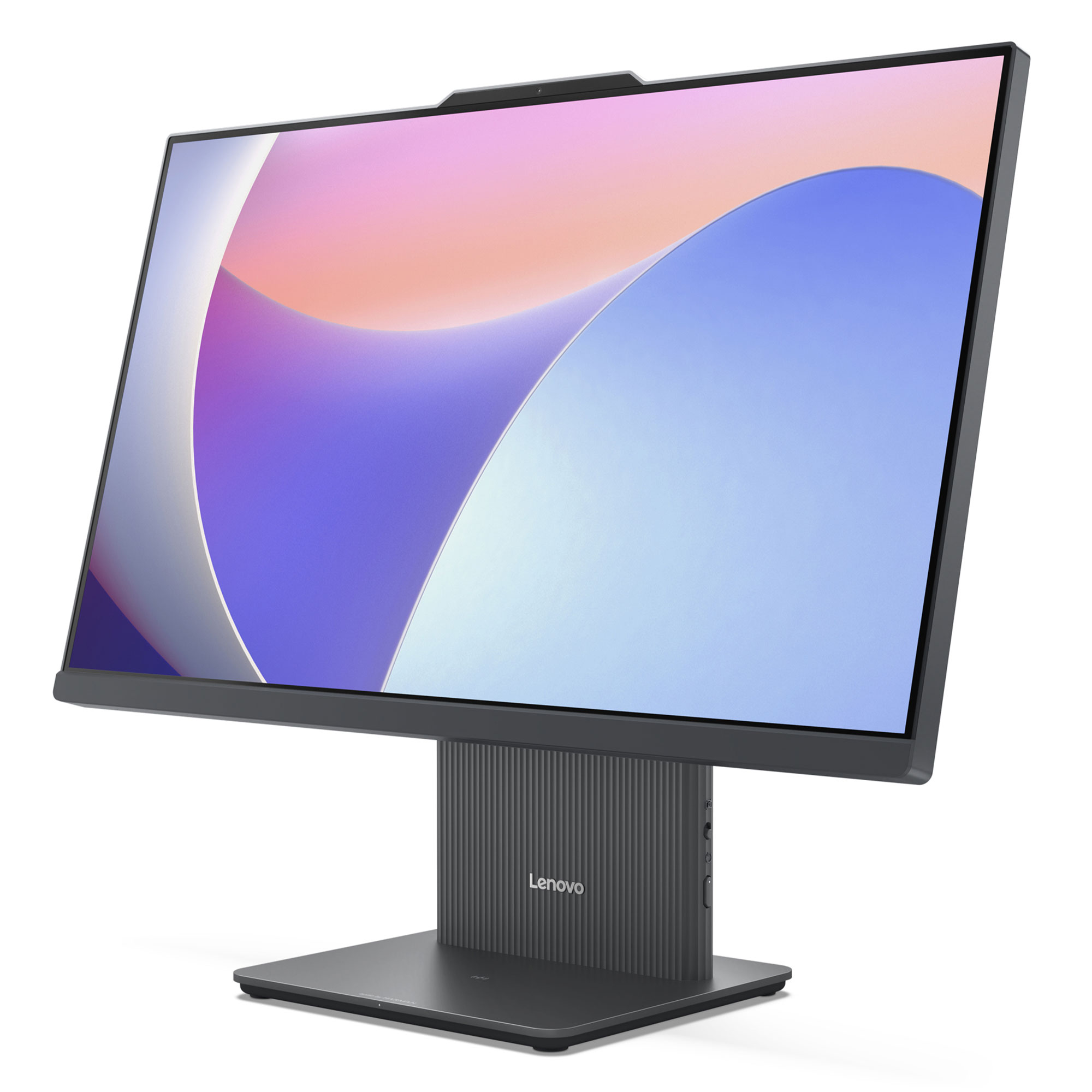 Kanallı standa ve renkli soyut duvar kağıdına sahip koyu gri Lenovo monitör.