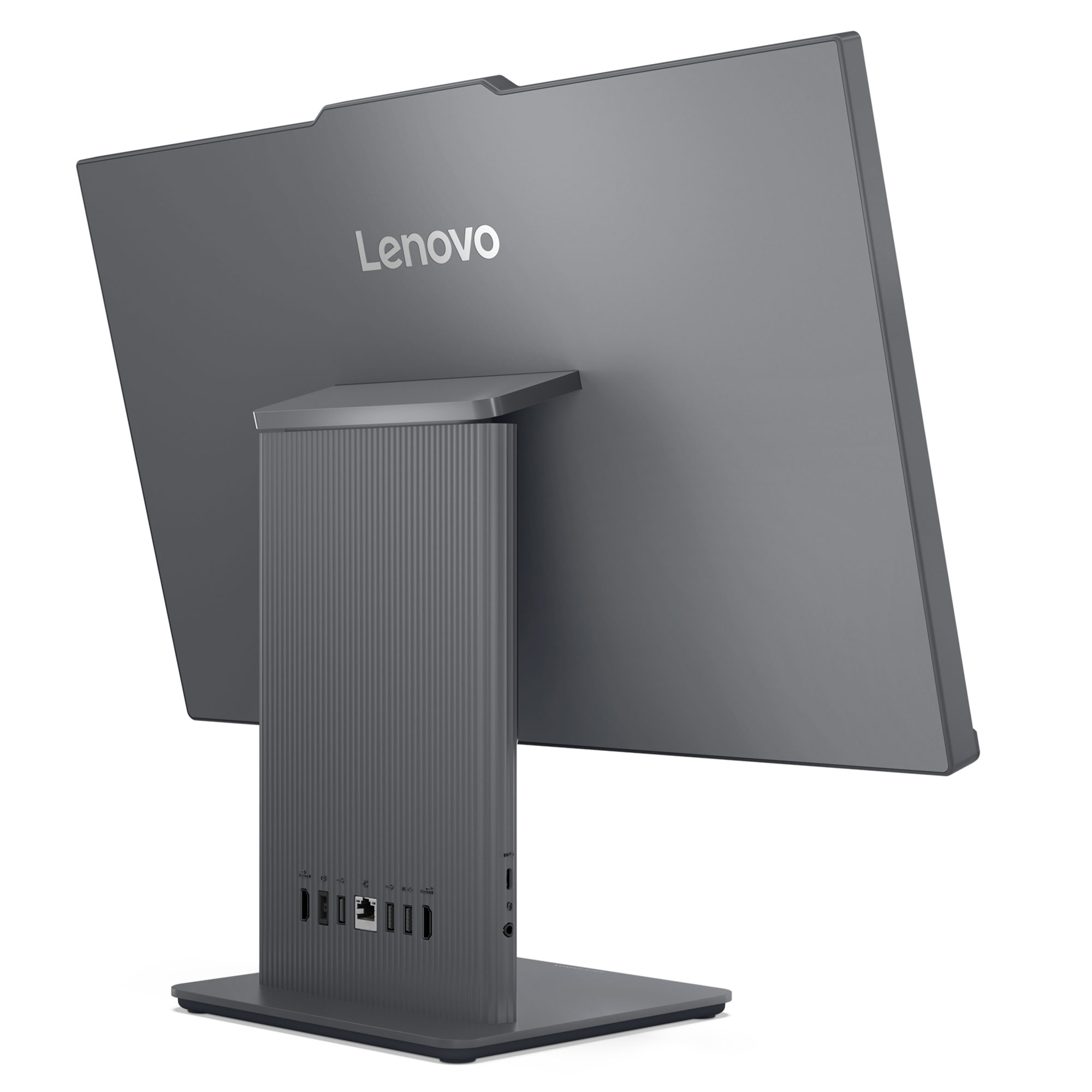 Gri Lenovo hepsi bir arada bilgisayarın arkası ve bağlantı noktaları.