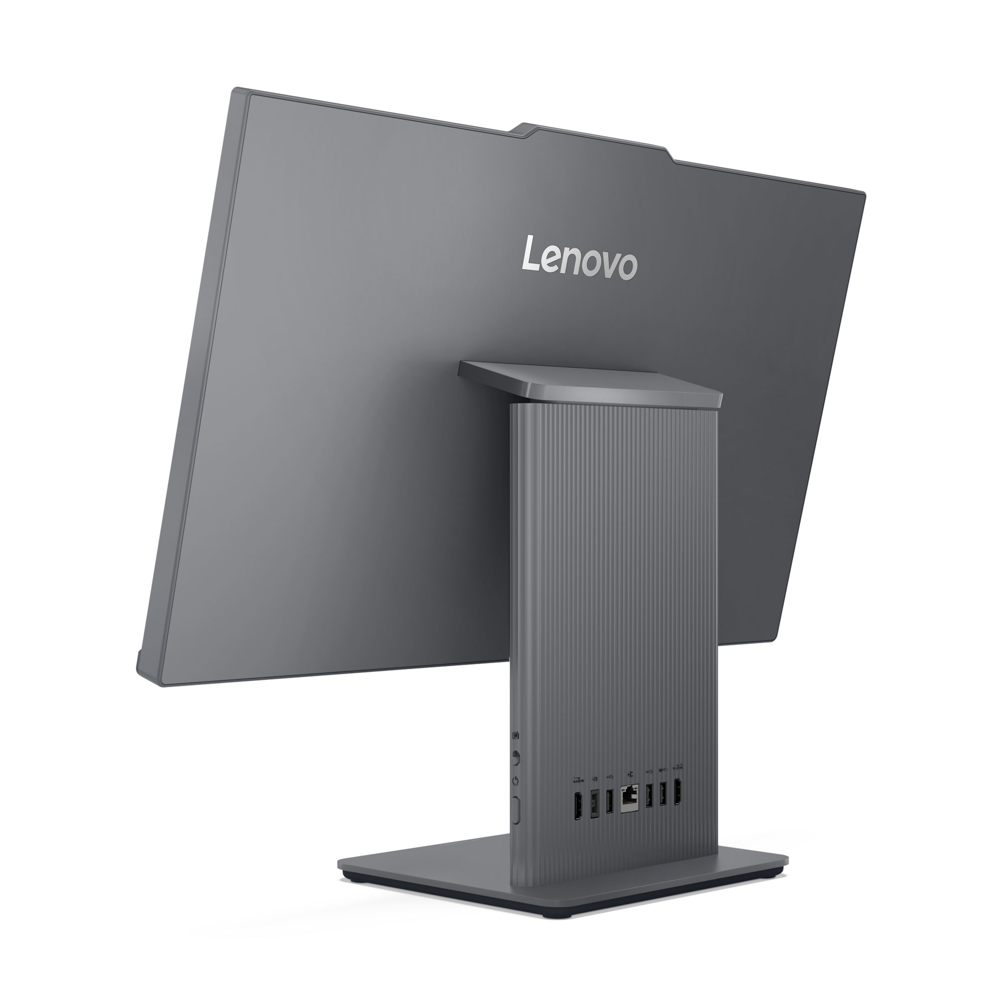 Gri Lenovo hepsi bir arada bilgisayarın arkadan görünümü, stantta bağlantı noktaları var.