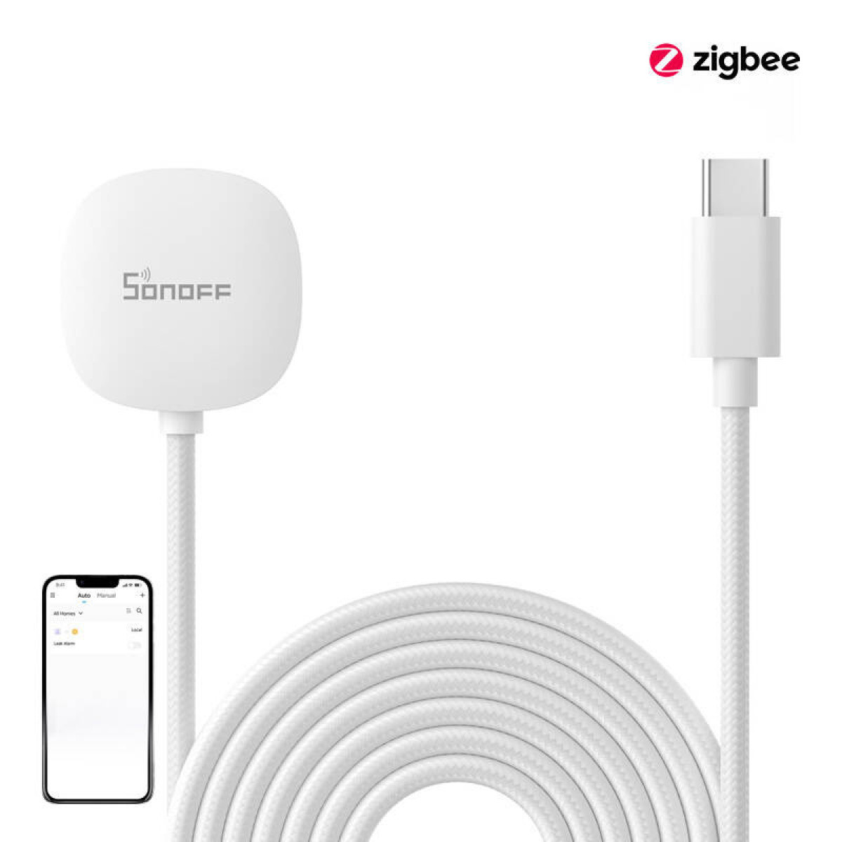 Biały czujnik Sonoff z logo Zigbee i kablem USB-C.