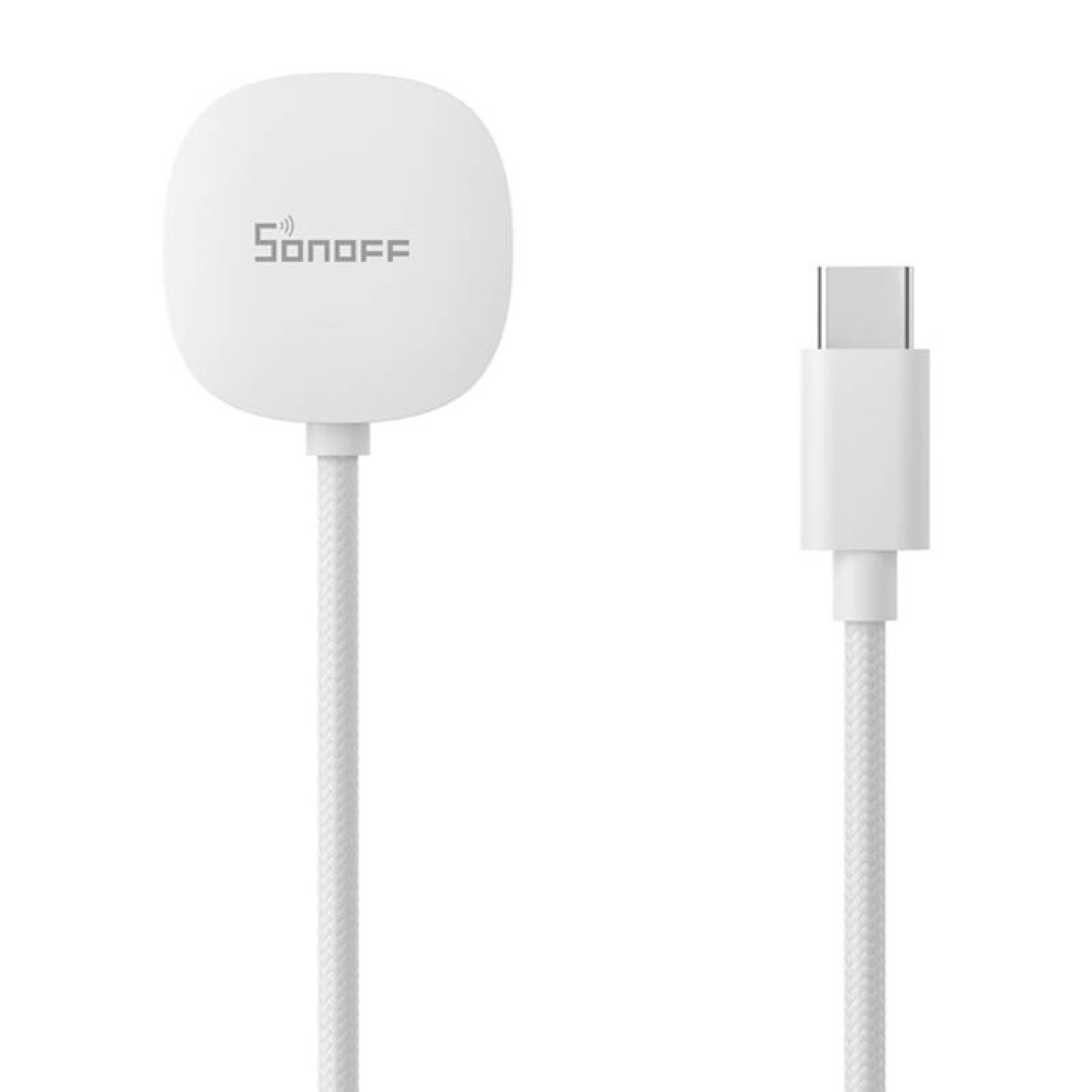 Białe urządzenie Sonoff z kablem USB-C na białym tle.