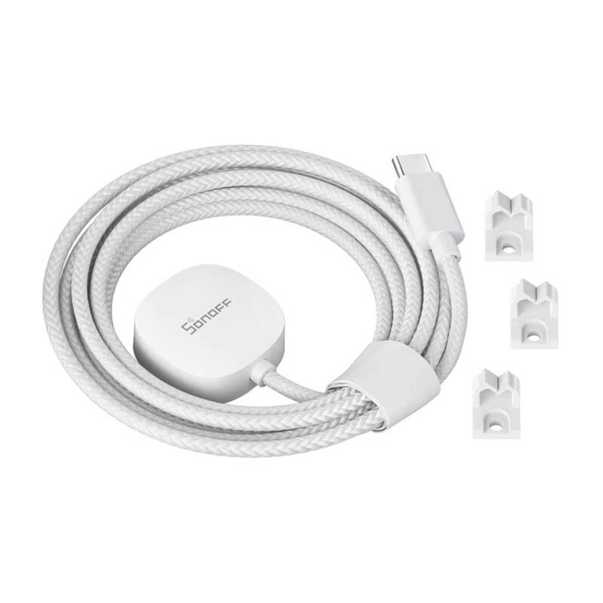Biały kabel z wtyczką USB-C, urządzeniem Sonoff i trzema klipsami na białym tle.