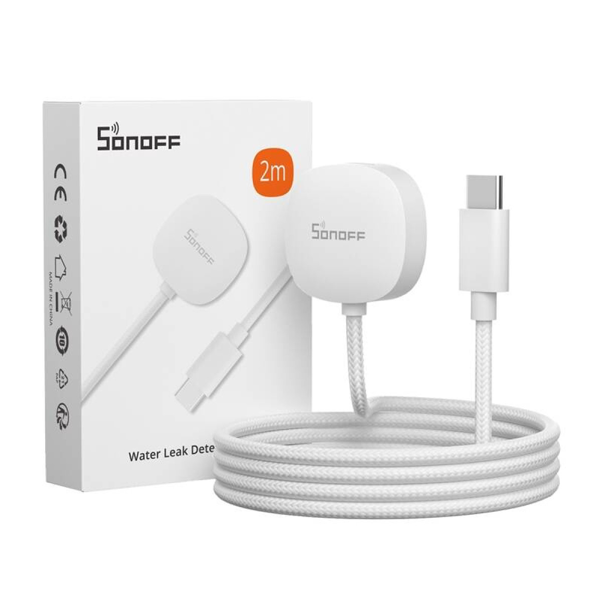 Biały czujnik wycieku wody Sonoff z białym kablem i złączem USB-C.