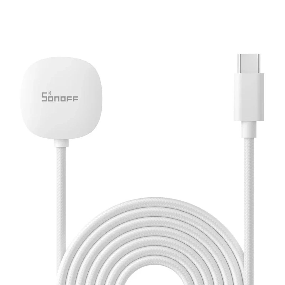 Białe urządzenie Sonoff z kablem USB-C na białym tle.