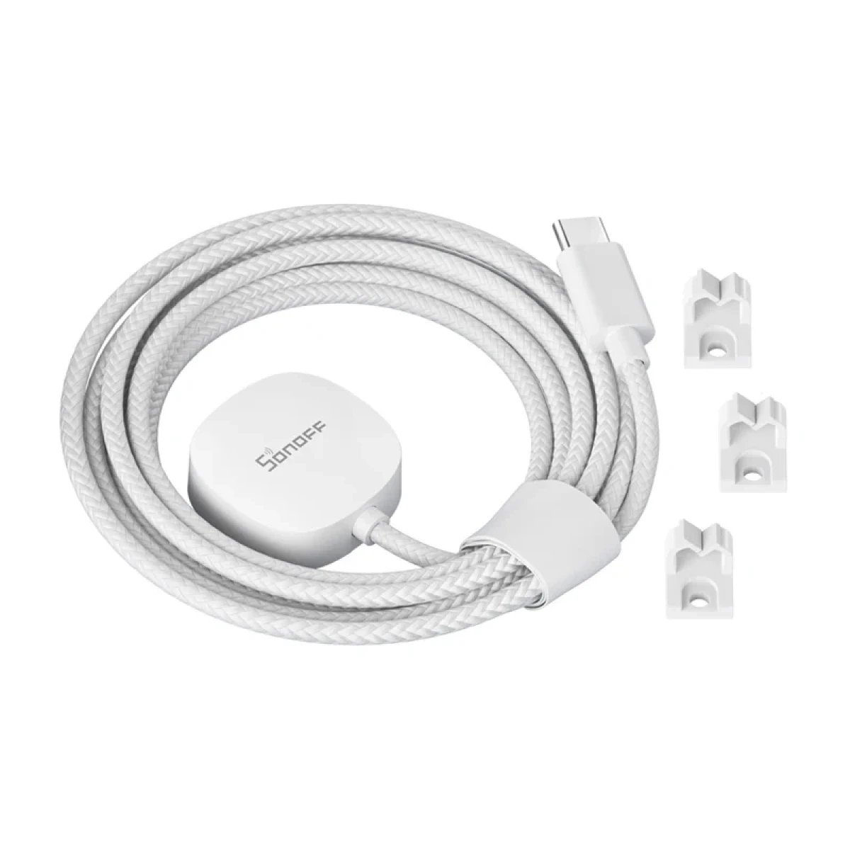 Biały kabel Sonoff z konektorem USB-C i trzema uchwytami.