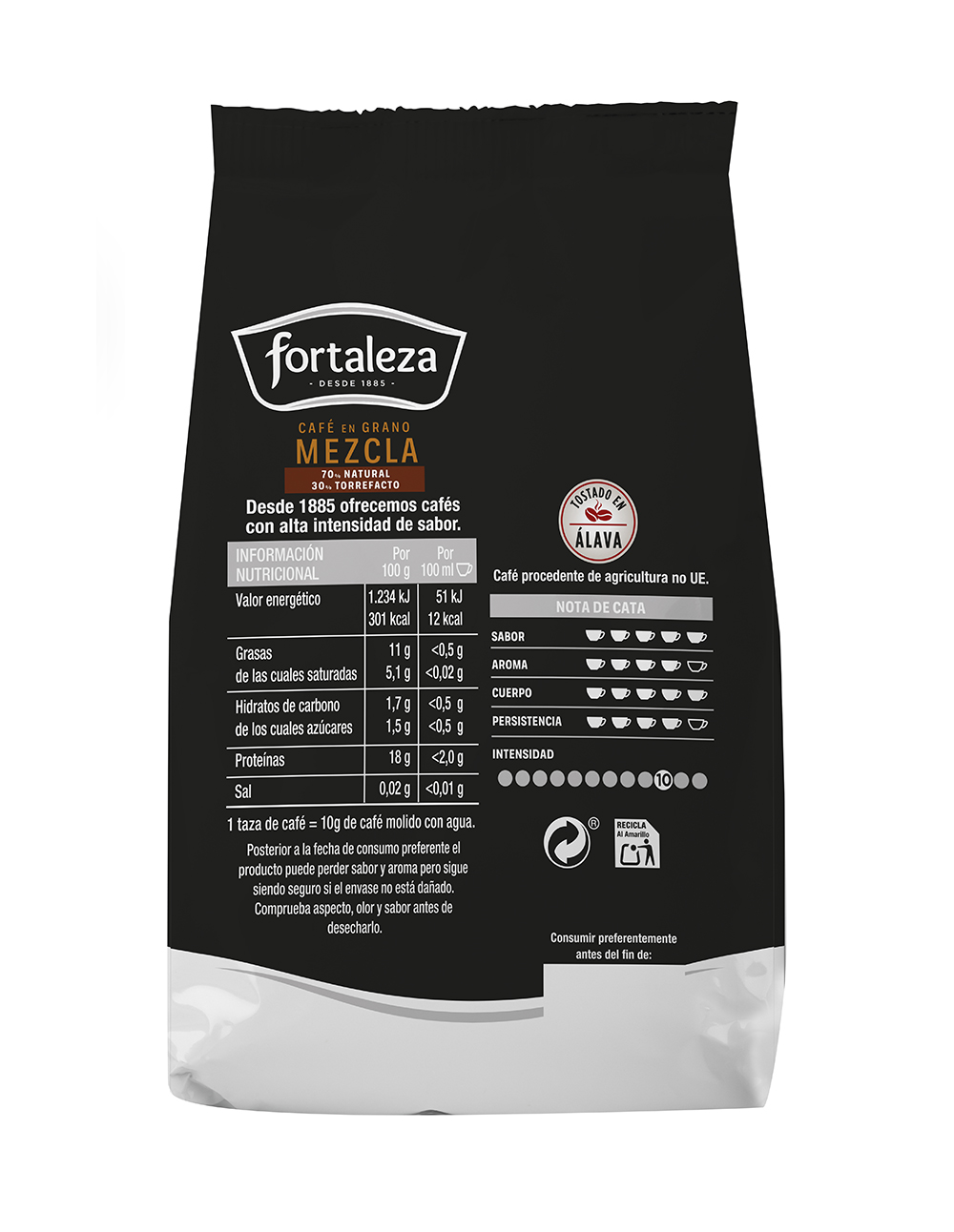 Bolsa de café negra con información nutricional y notas de cata. Marca Fortaleza.