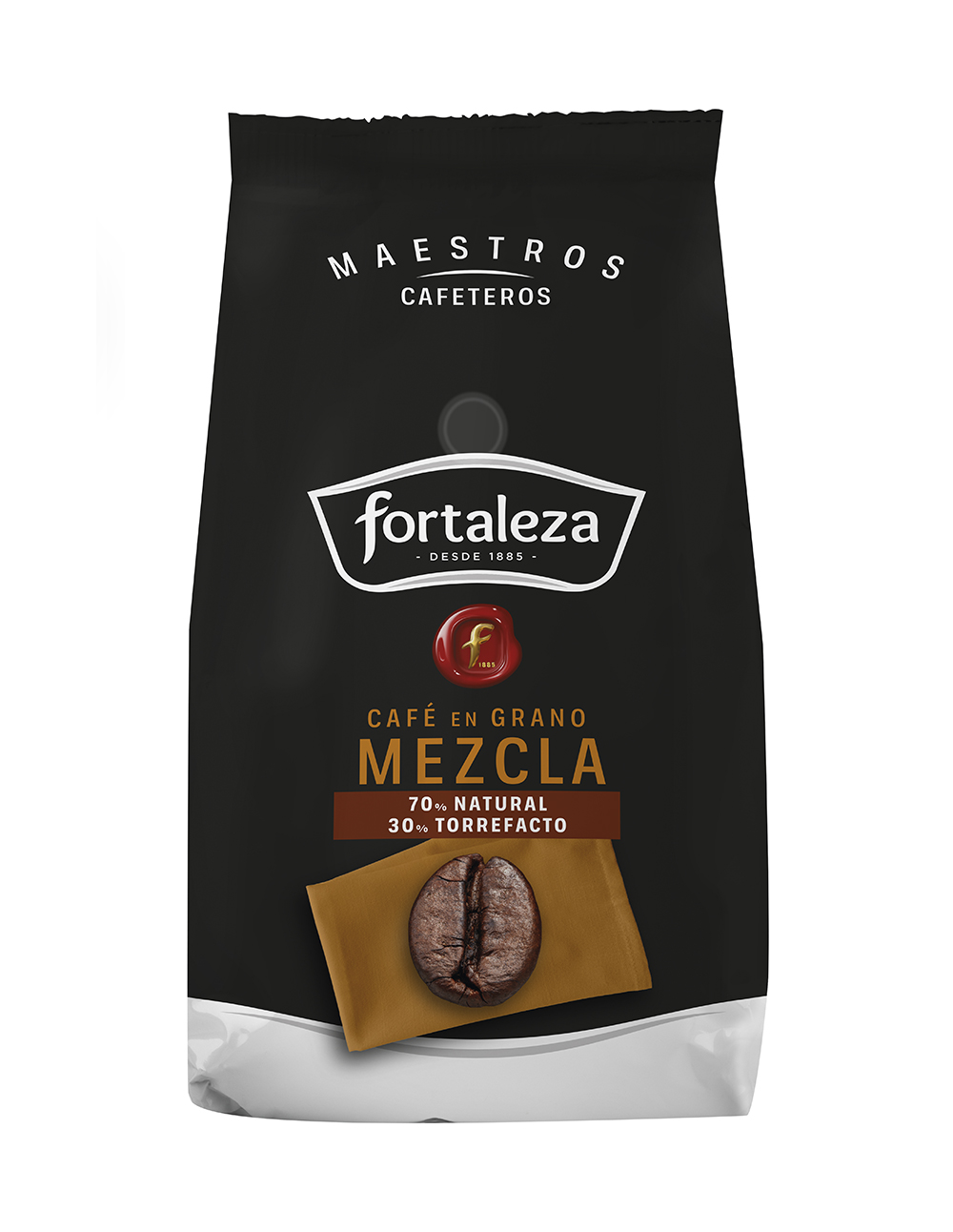 Bolsa de café negra con logo Fortaleza, grano de café y texto.