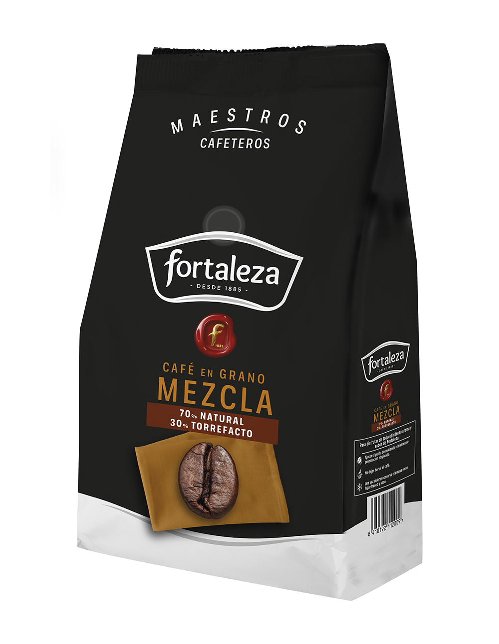 Bolsa de café negra con logo Fortaleza, grano de café y texto.