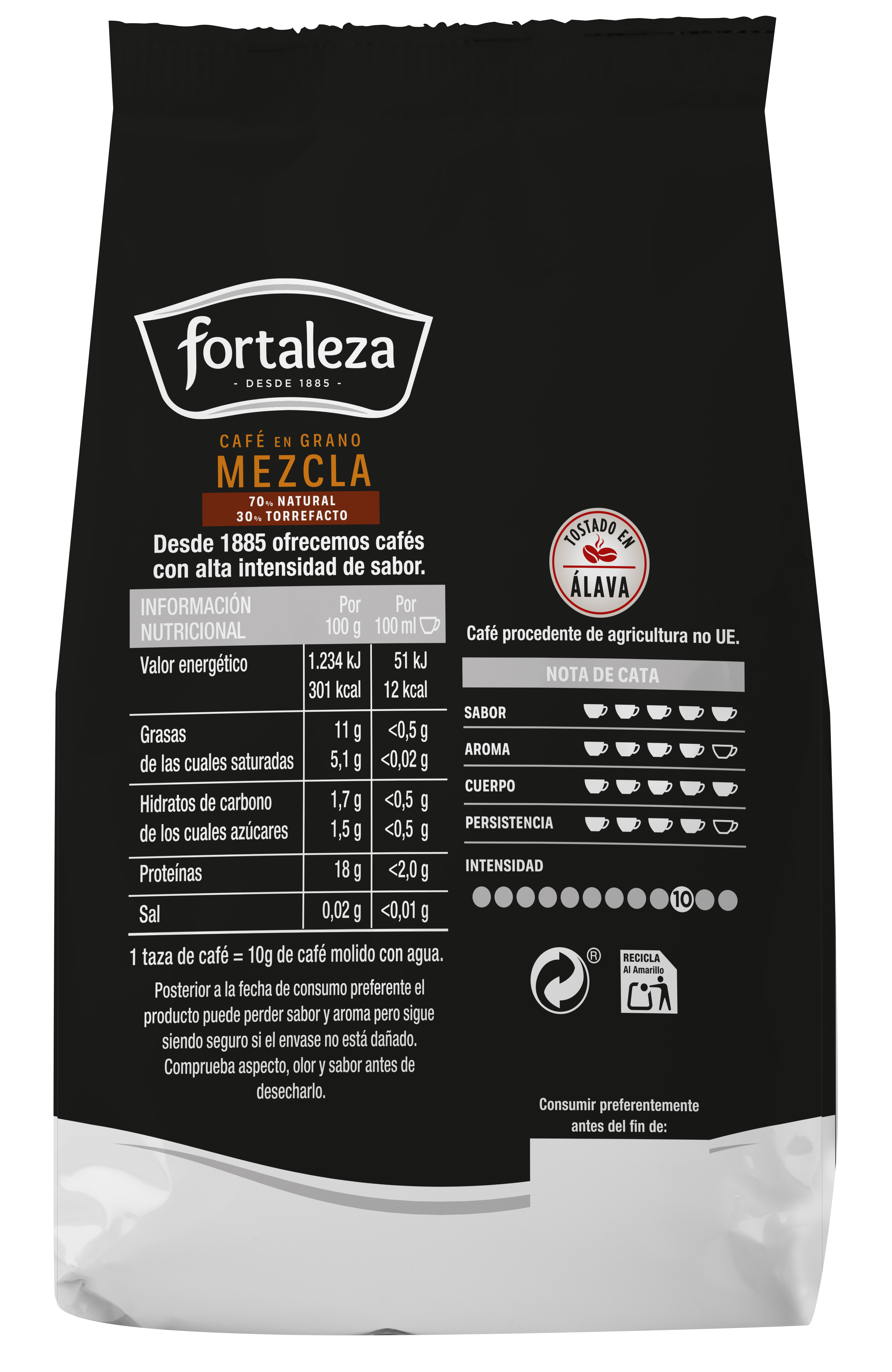 Bolsa de café Fortaleza: Grano, Mezcla, 70% Natural, 30% Torrefacto. Info nutricional.