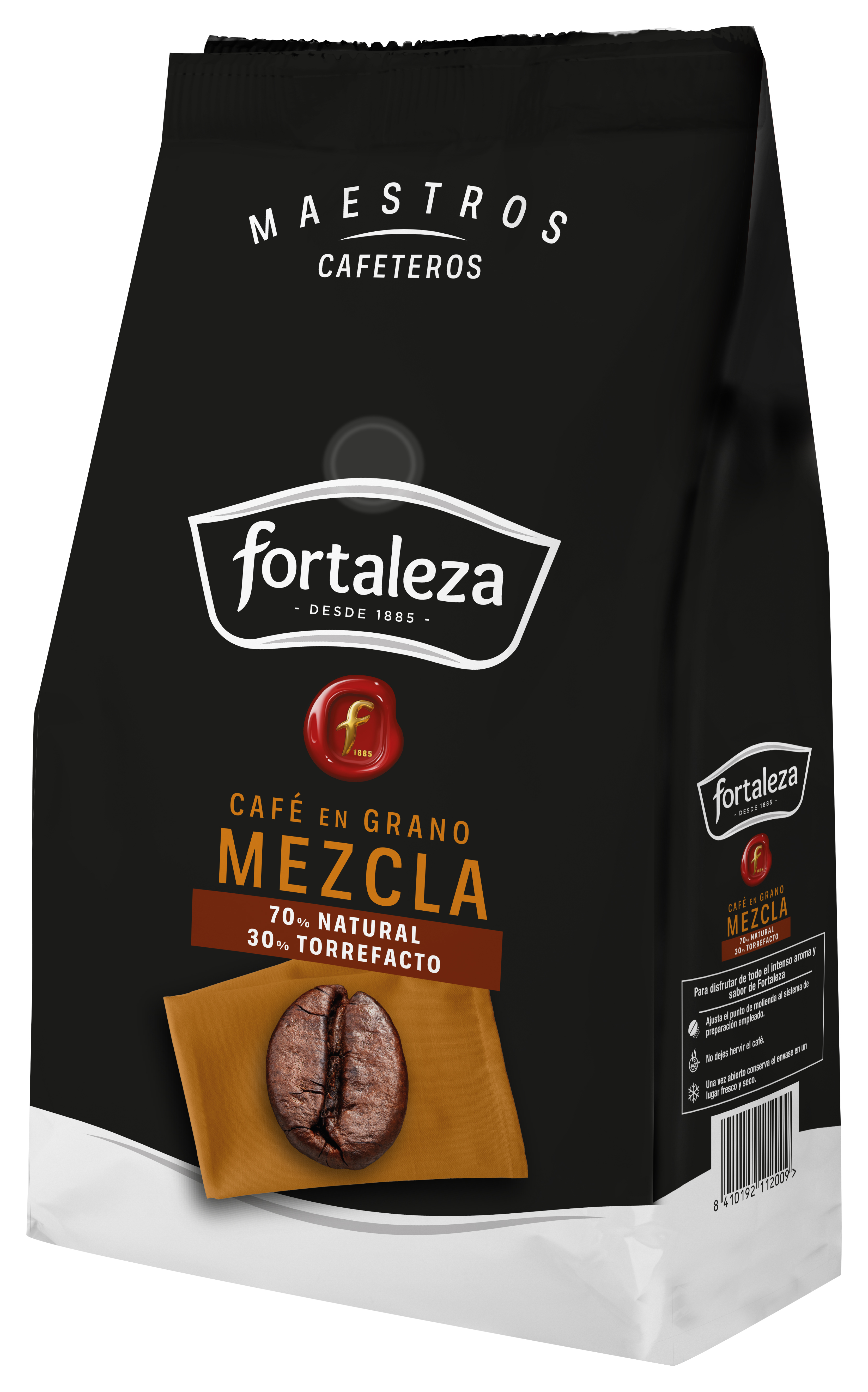 Bolsa de café negra con logo Fortaleza, grano de café y texto.
