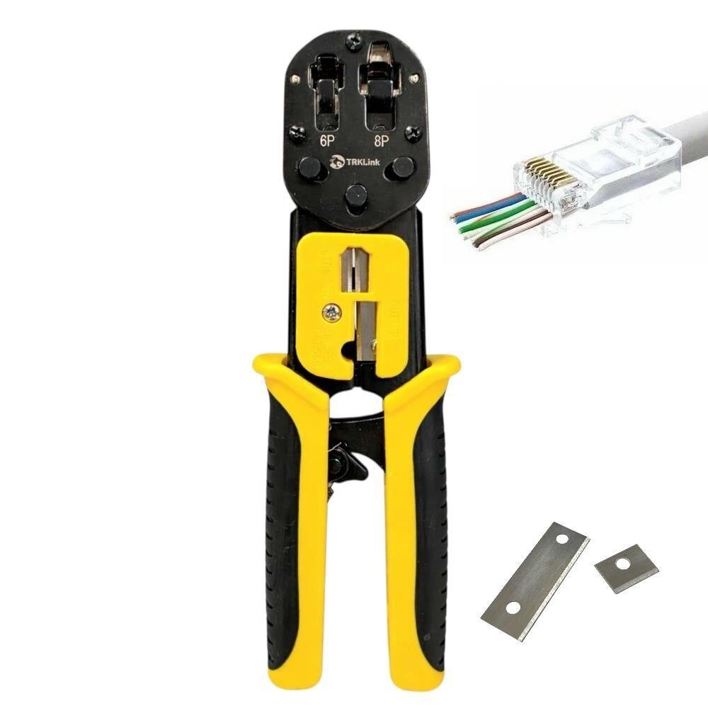 RJ45 konnektörlü ve kablolu siyah ve sarı sıkma aleti