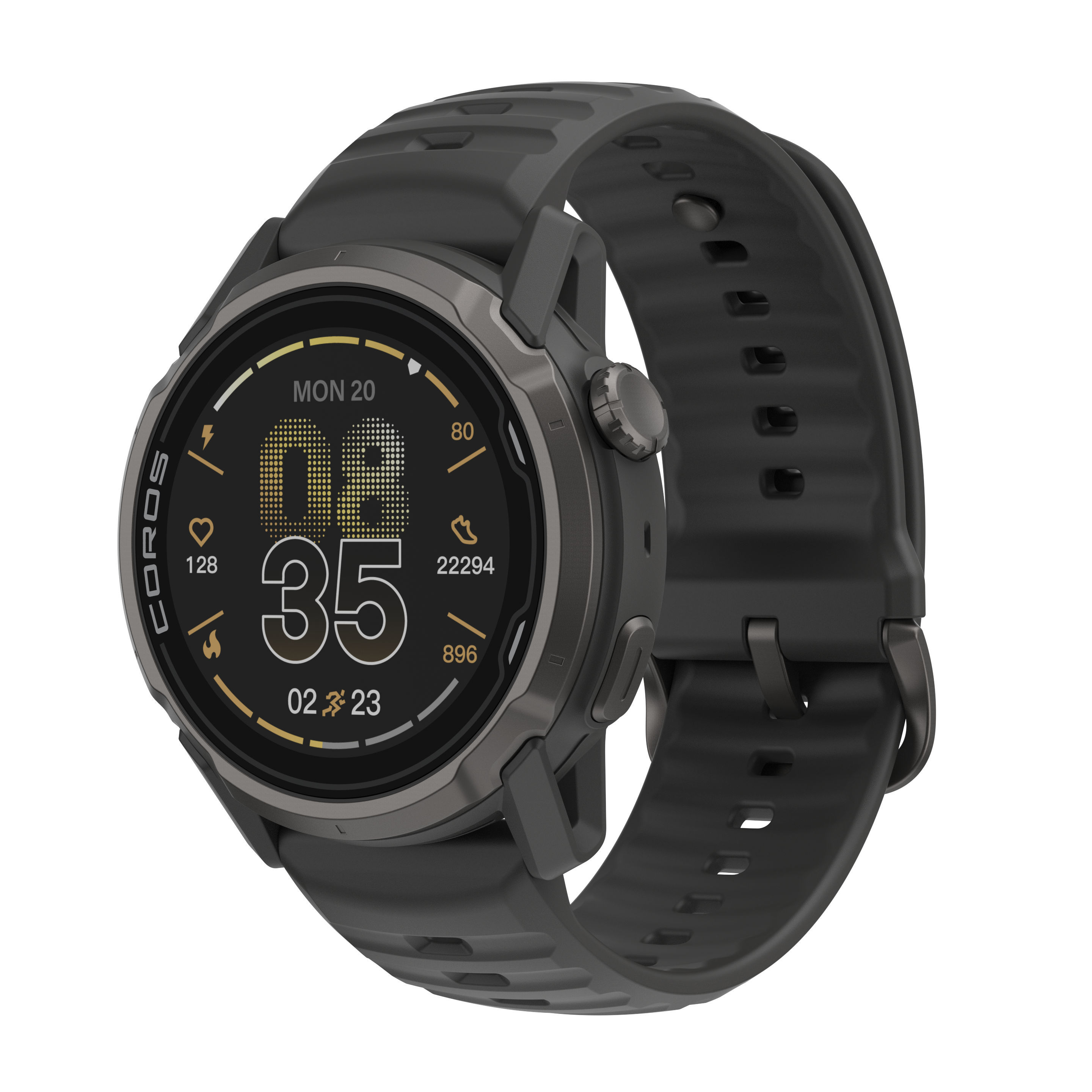 Smartwatch grigia con cinturino nero. Display mostra "LUN 20", 02:35, 128, 80, 22294, 896.