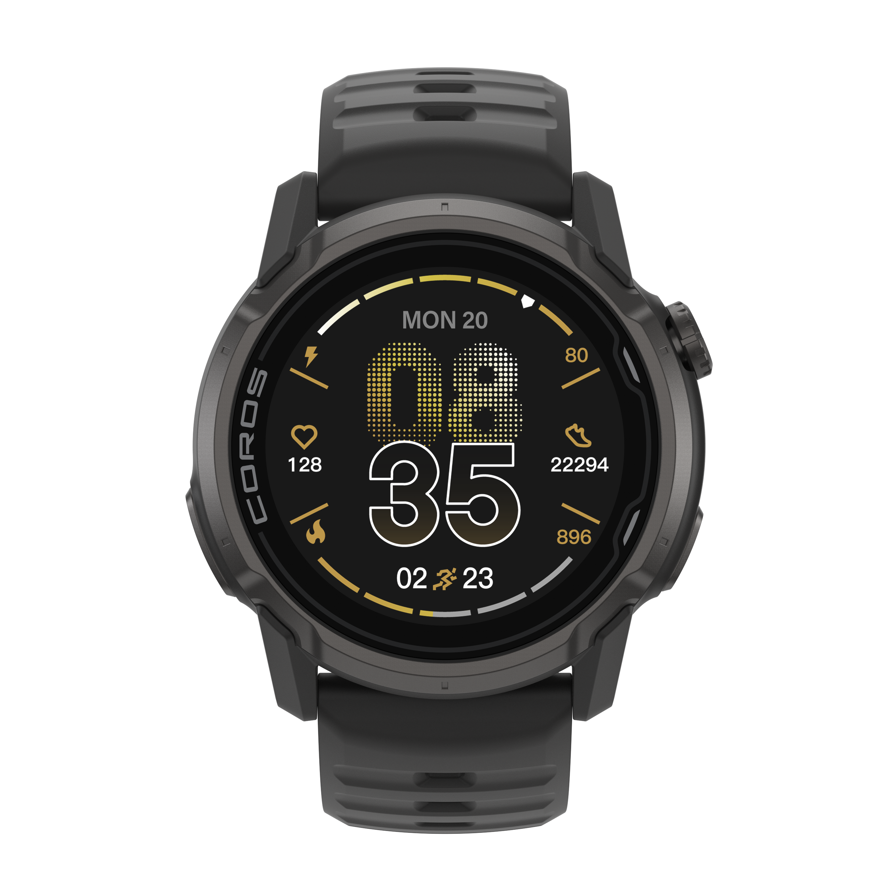 Orologio sportivo grigio mostra ore 08:35, battiti 128, passi 22294, 80 punti.