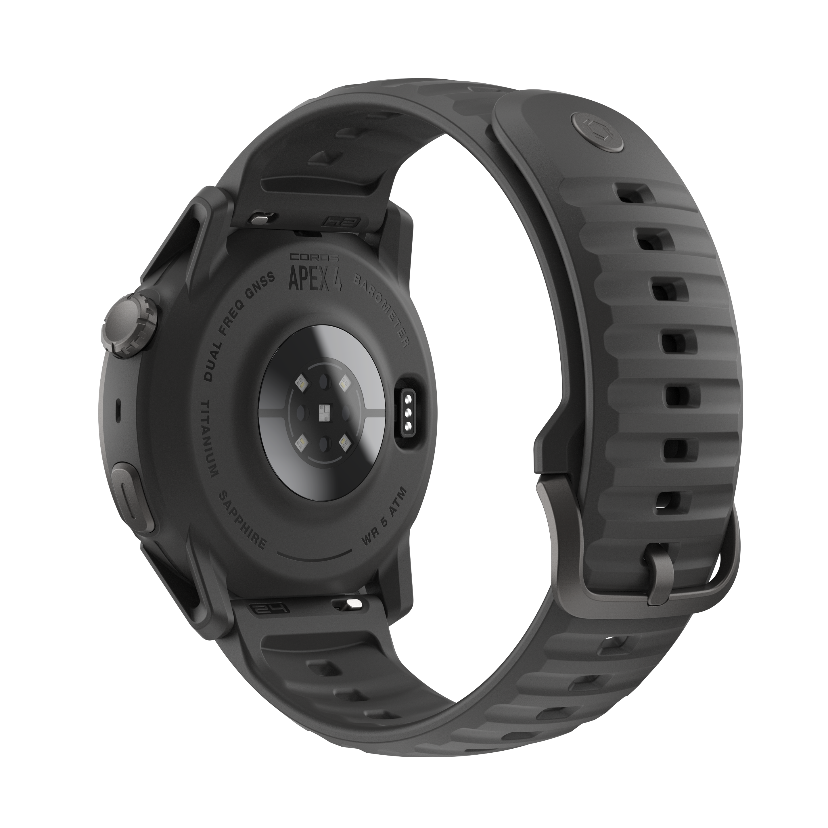 Vista posteriore di uno smartwatch Coros Apex 4 grigio con sensore battito cardiaco.