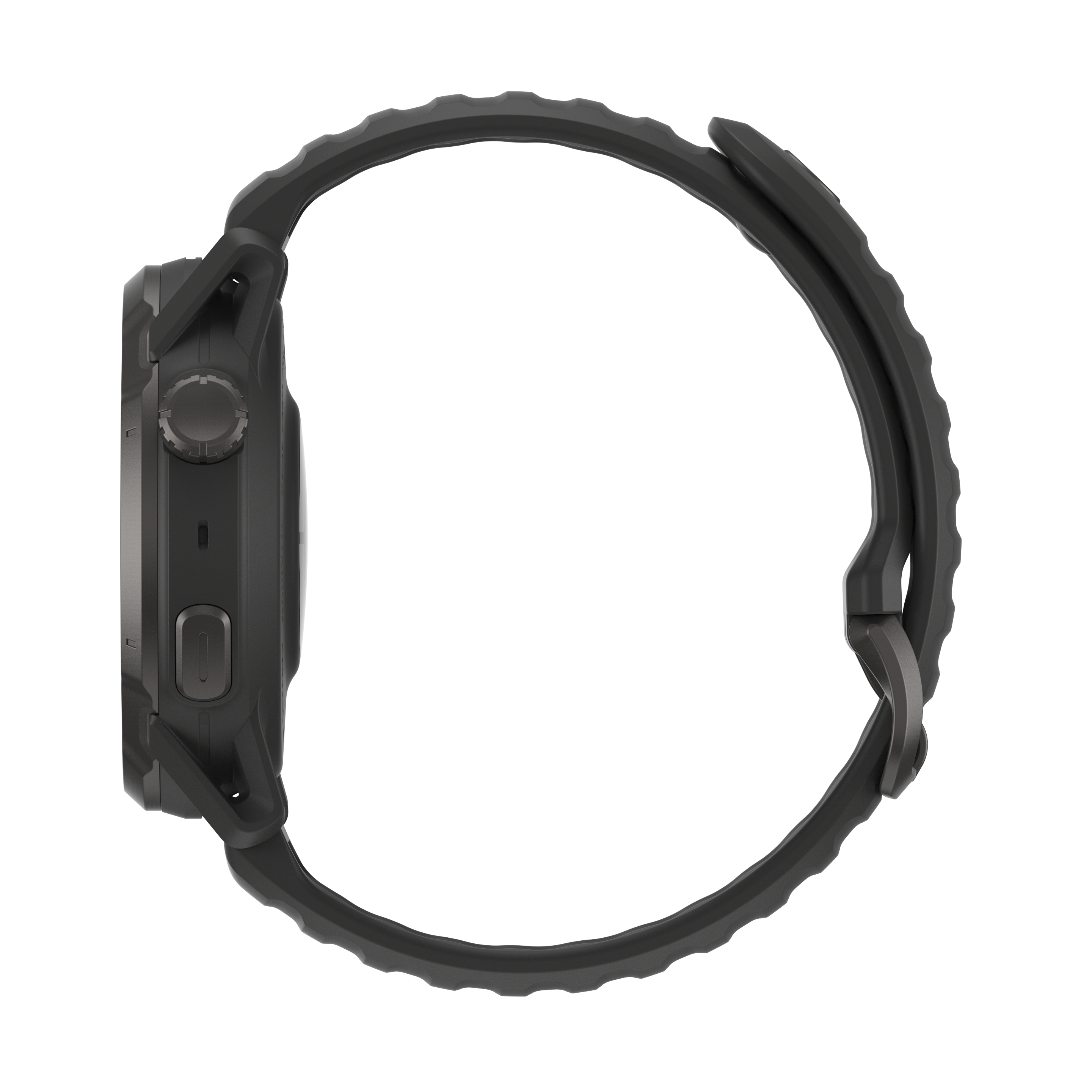 Smartwatch grigio scuro con ghiera girevole e pulsanti, su sfondo nero.