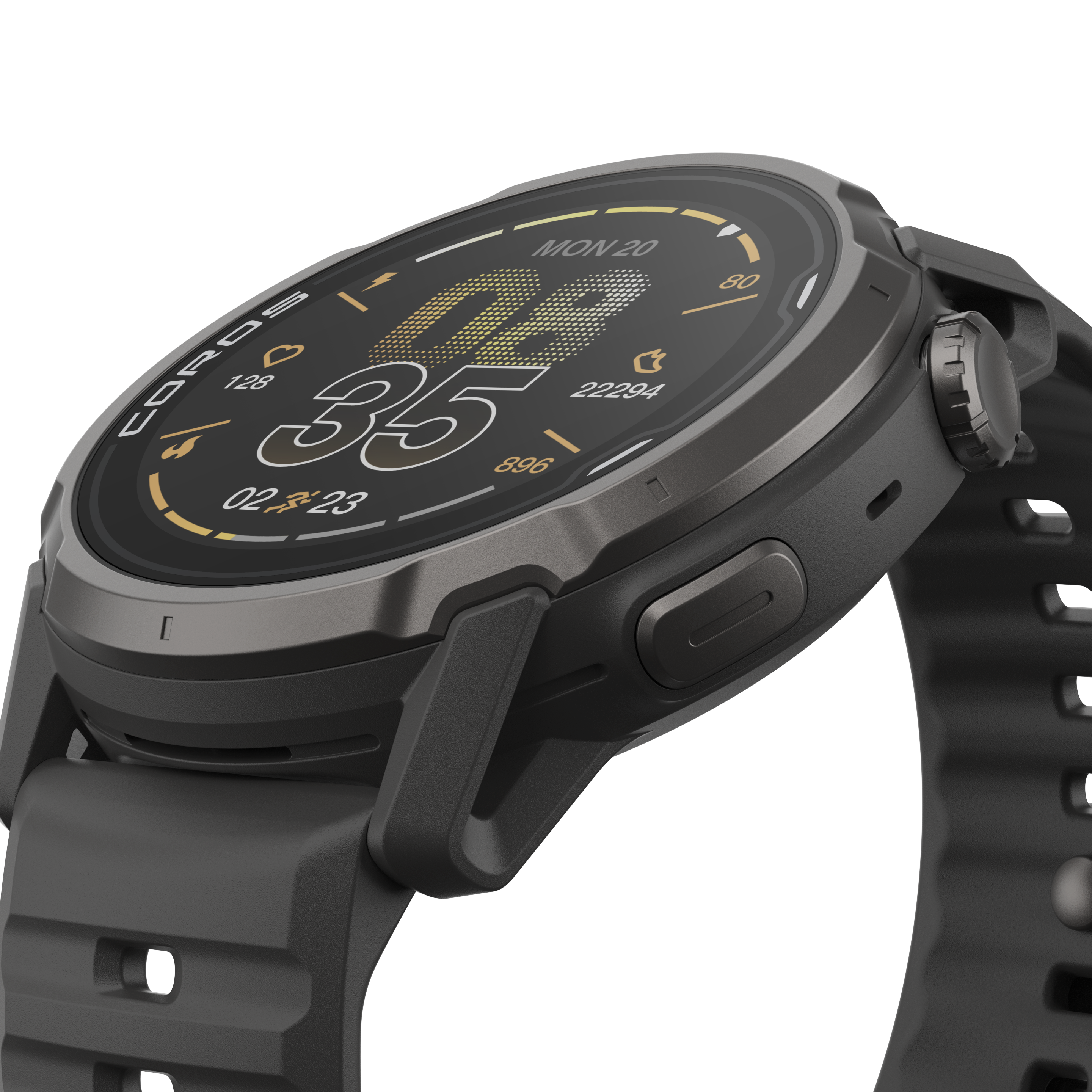 Uno smartwatch grigio con quadrante scuro e accenti gialli su sfondo nero.