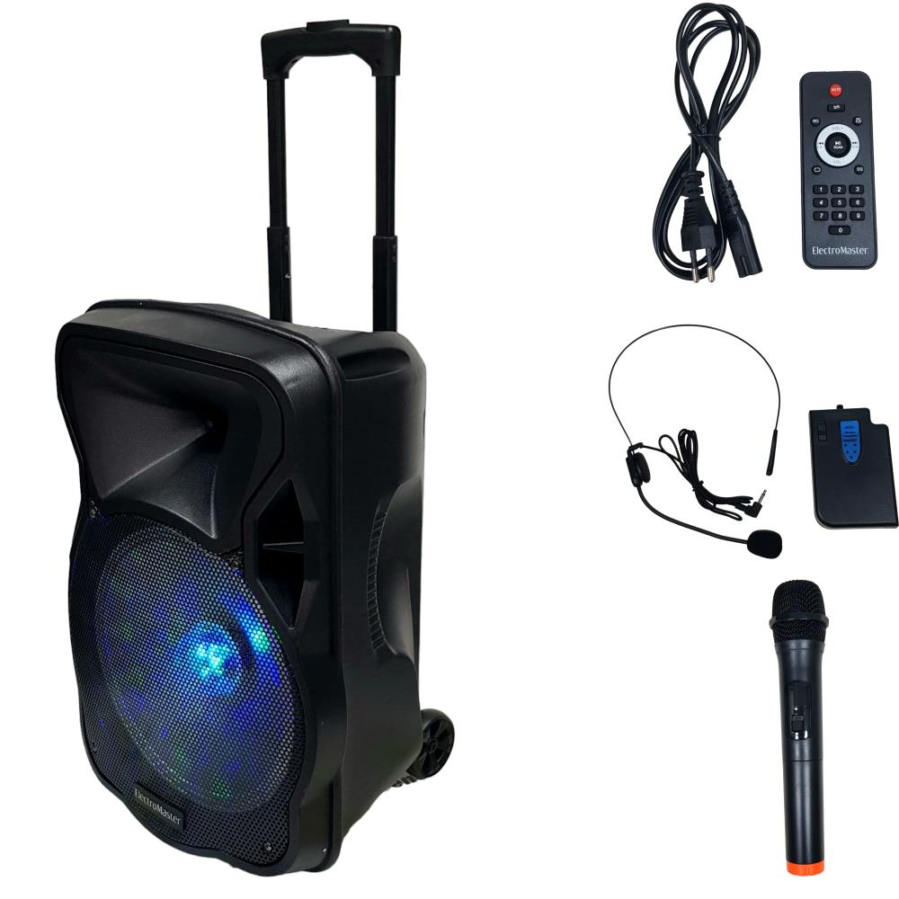 ELECTROMASTER ES-3030 12'' Portatif Taşınabilir 150Watt 1 El Telsiz+ 1 Yaka Telsiz Ses Sistemi Siyah