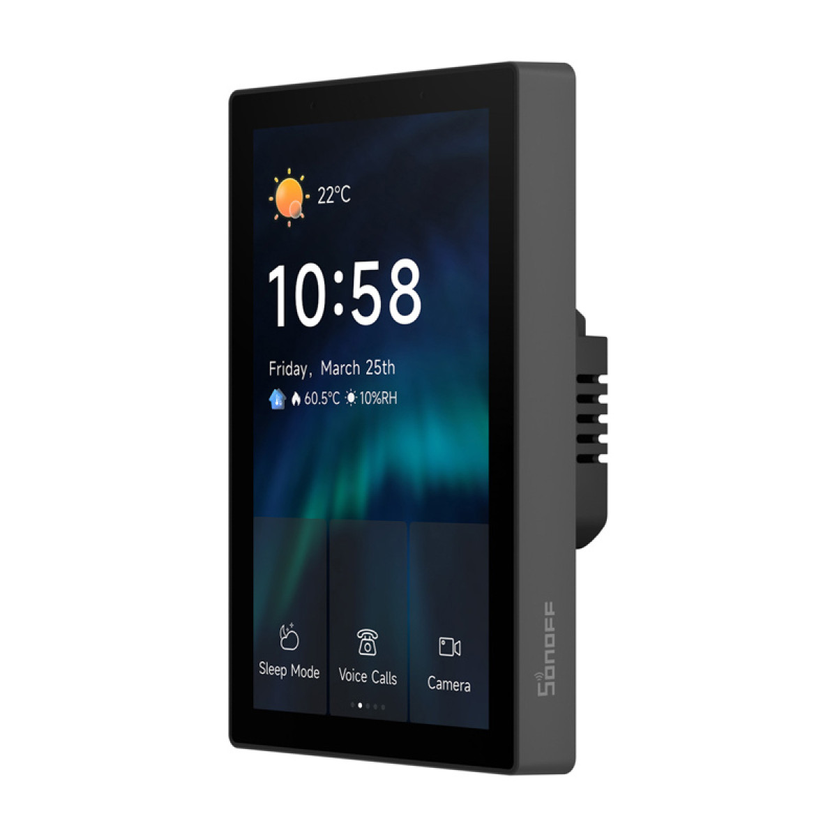 Czarny inteligentny dom wyświetla 22°C, 10:58, datę, temperaturę, wilgotność.