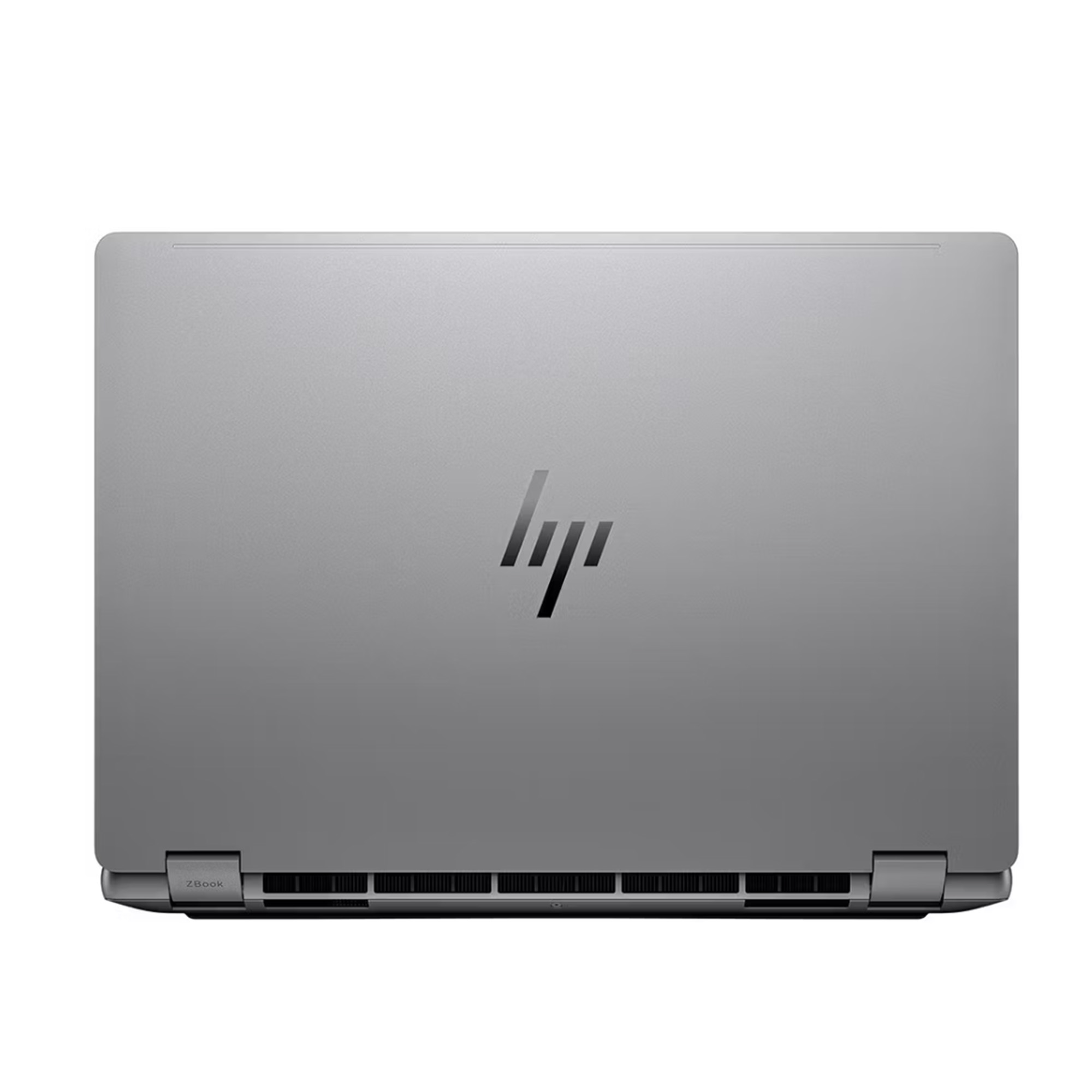 Kapalı gümüş rengi HP ZBook dizüstü bilgisayar, kapak üzerinde siyah logo.