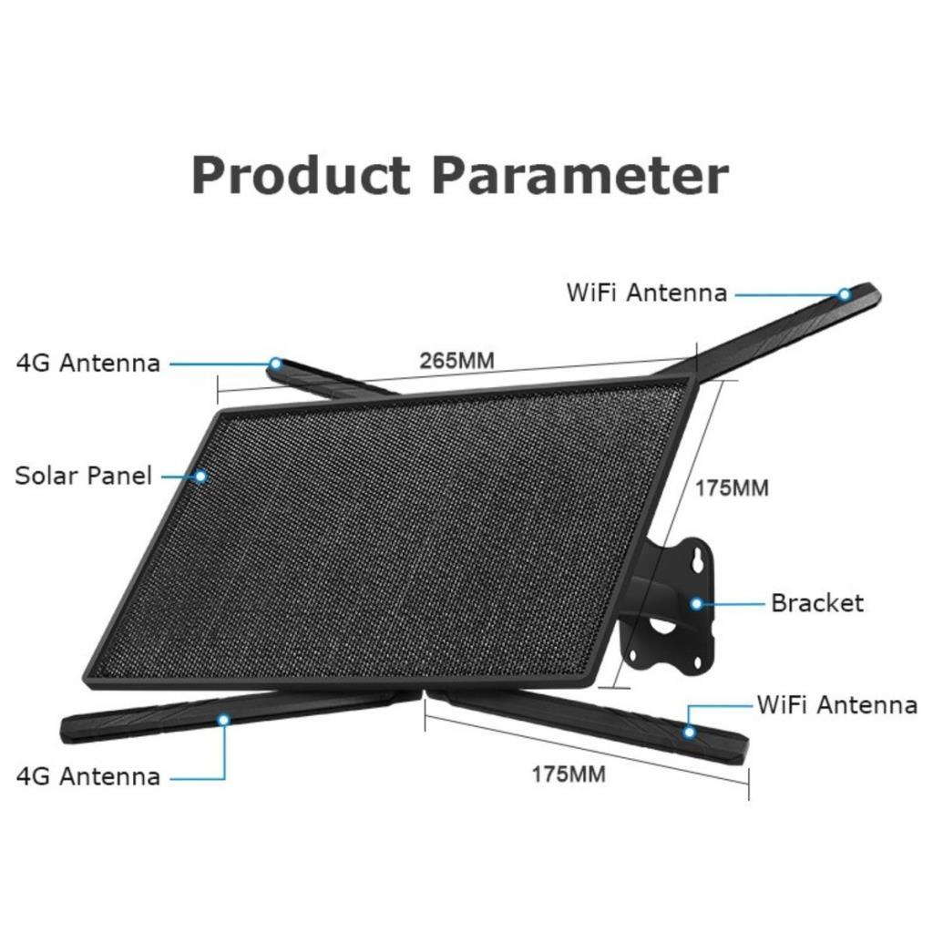 Diyagramda güneş paneli, 4G ve WiFi antenleri ve braketi olan bir ürün gösteriliyor.