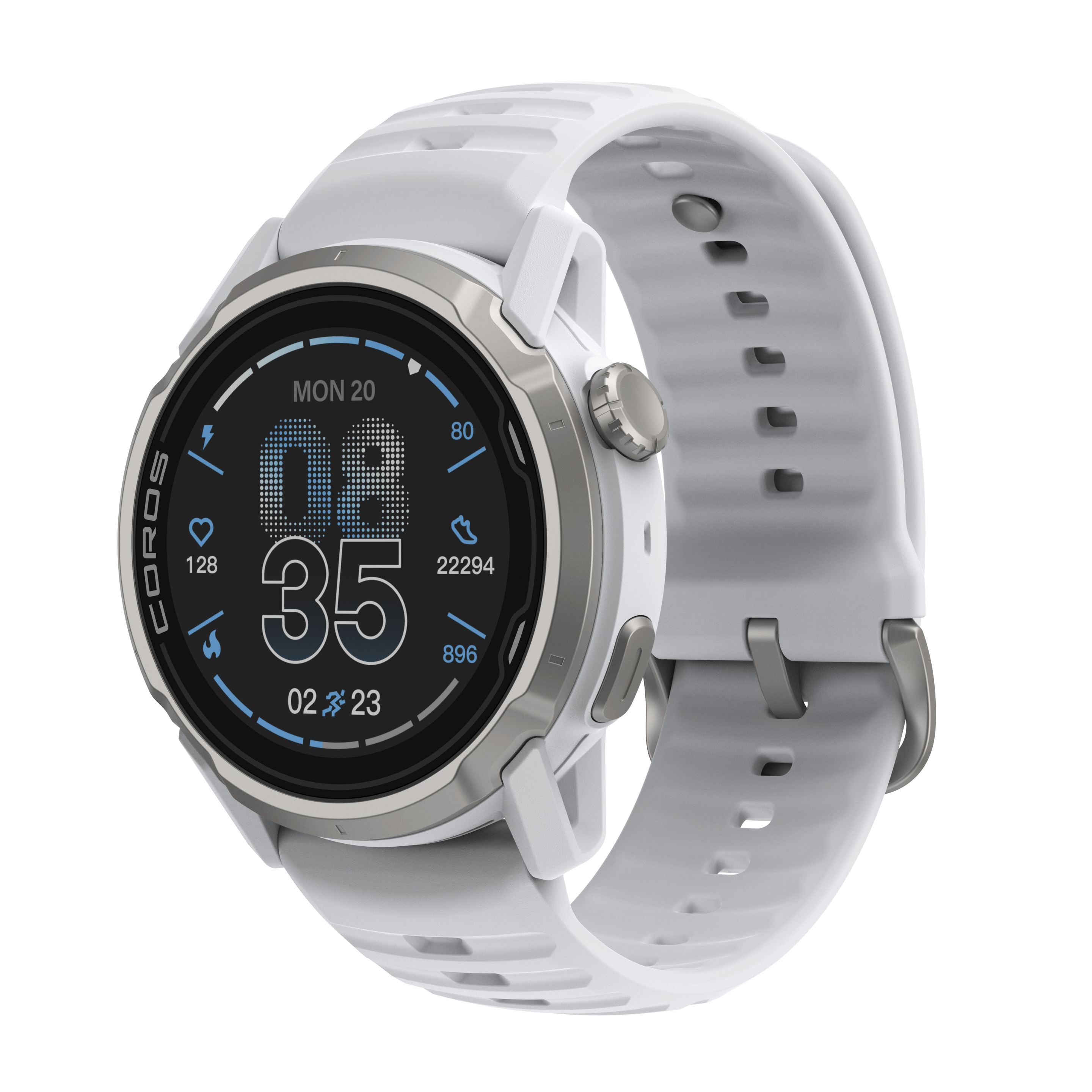 Smartwatch bianco con accenti argentati e display digitale. Mostra data e dati fitness.