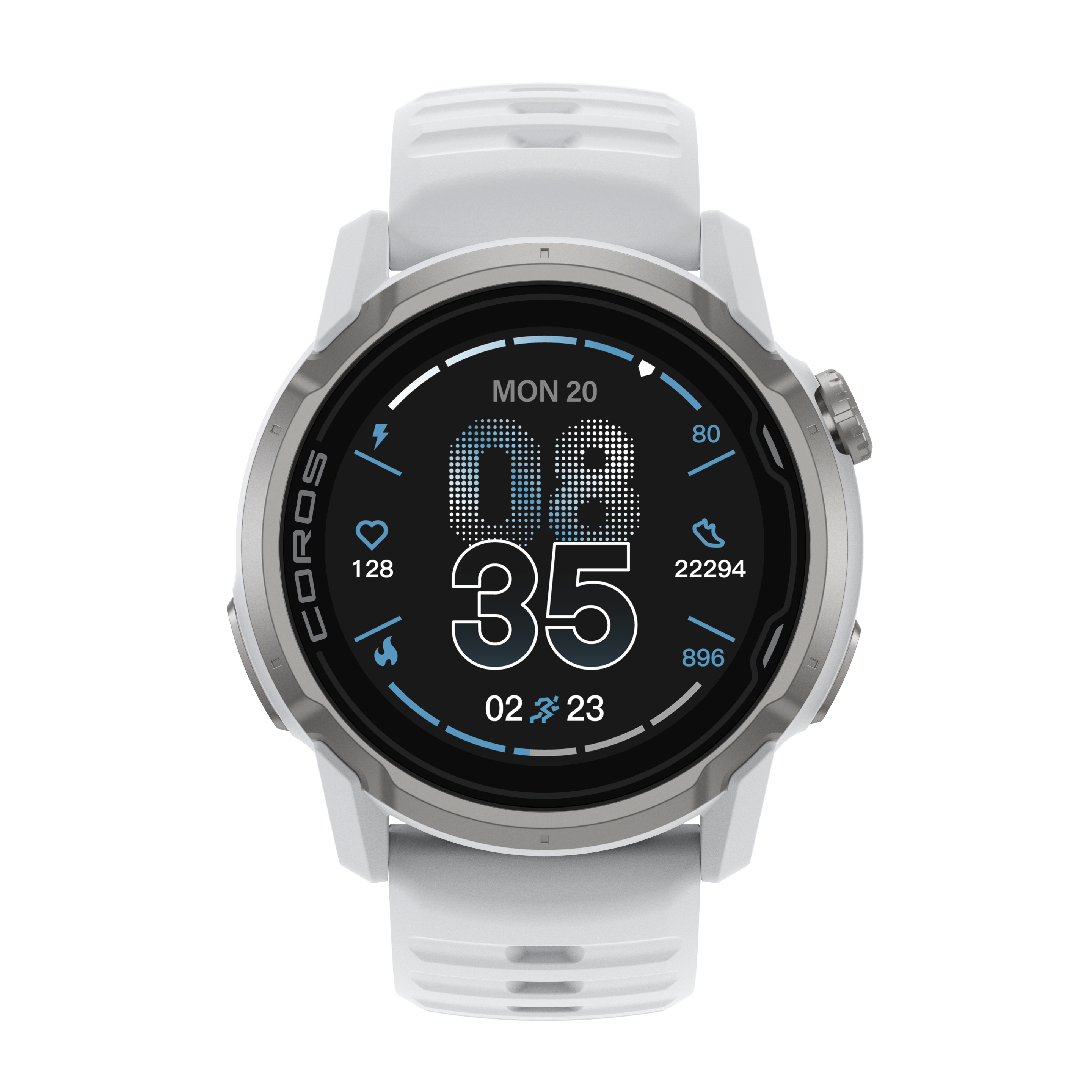 Smartwatch Coros bianco con ghiera e quadrante argentati.