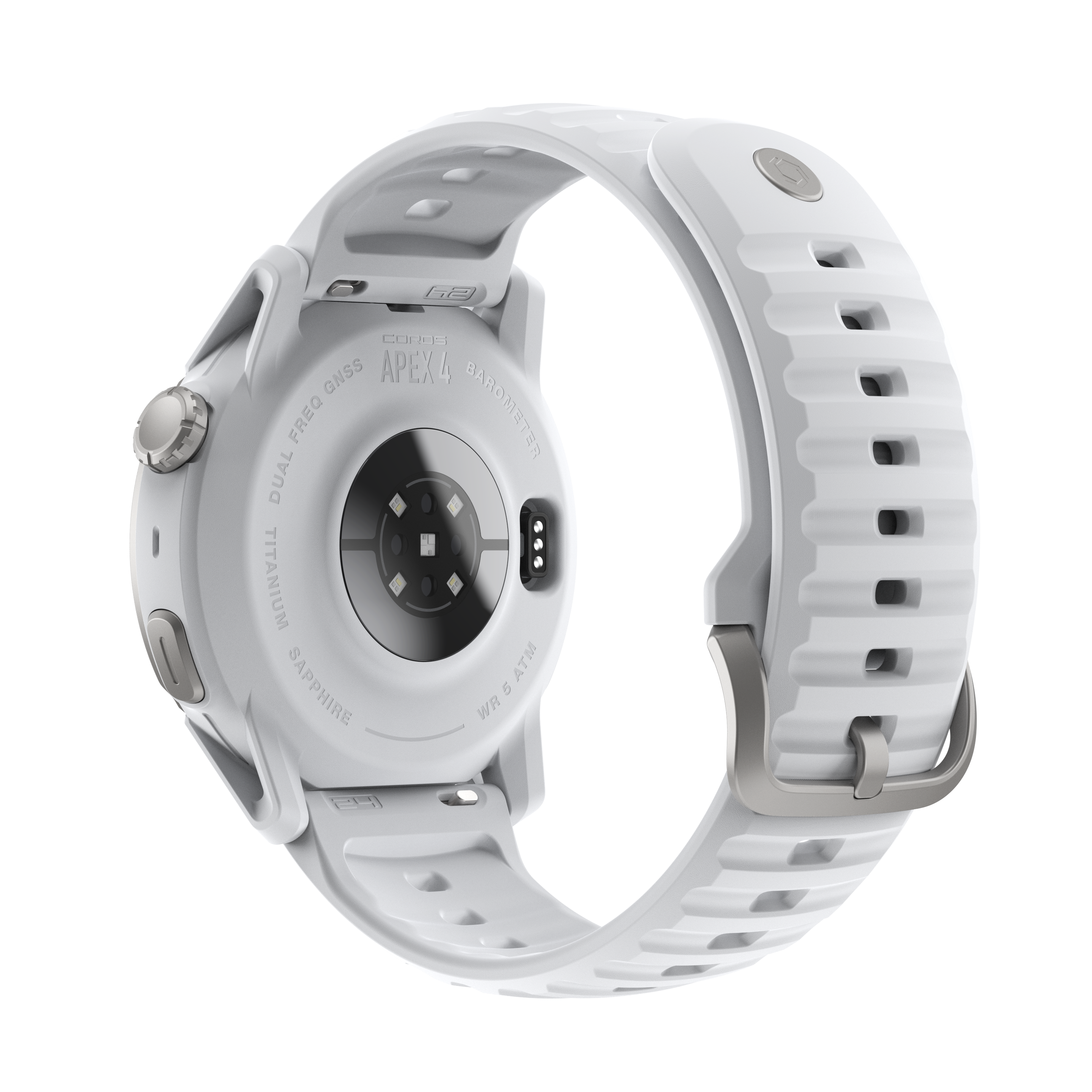 Smartwatch COROS APEX 4 bianco su sfondo nero, retro visibile.