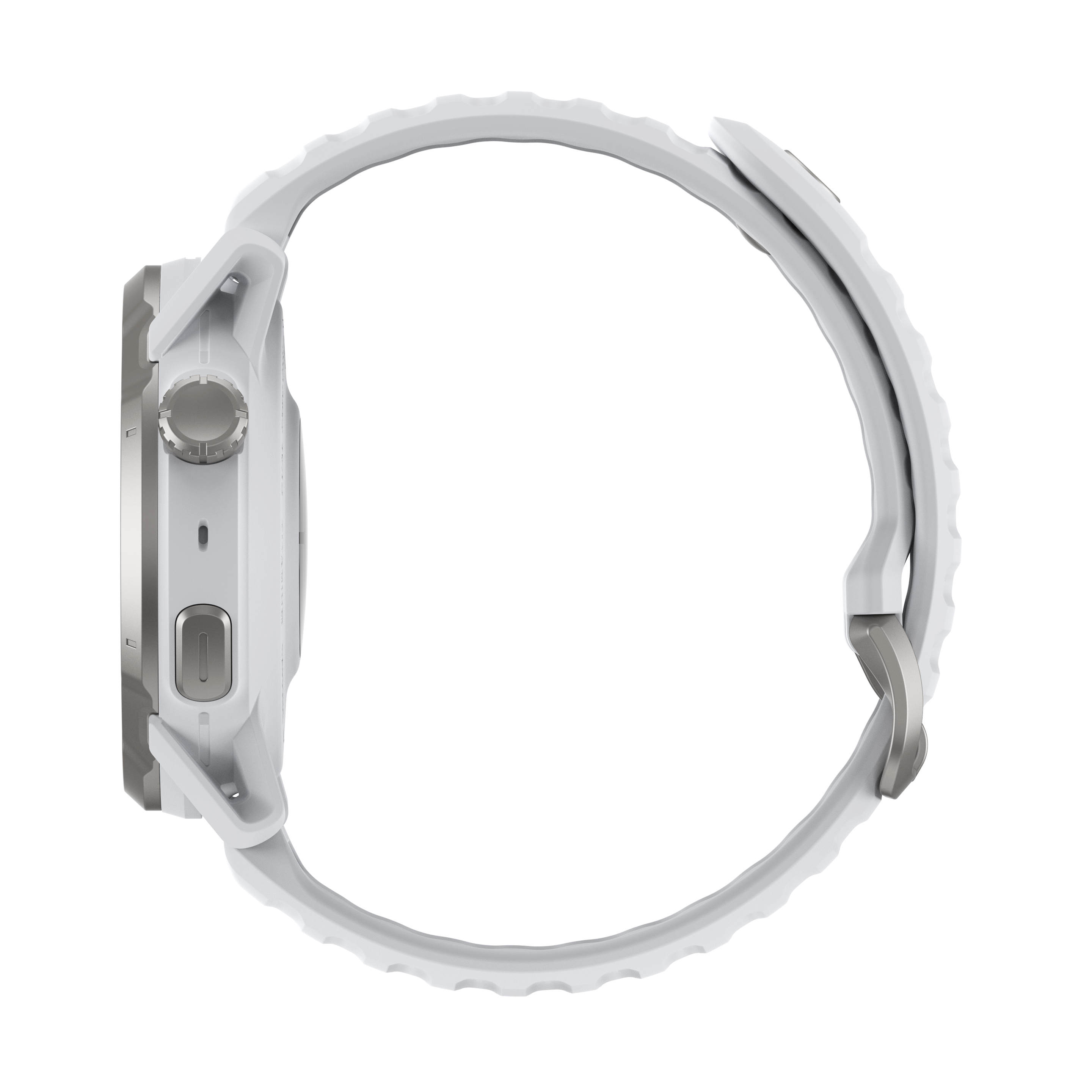 Orologio smart bianco con pulsanti argentati e cinturino testurizzato su sfondo nero.
