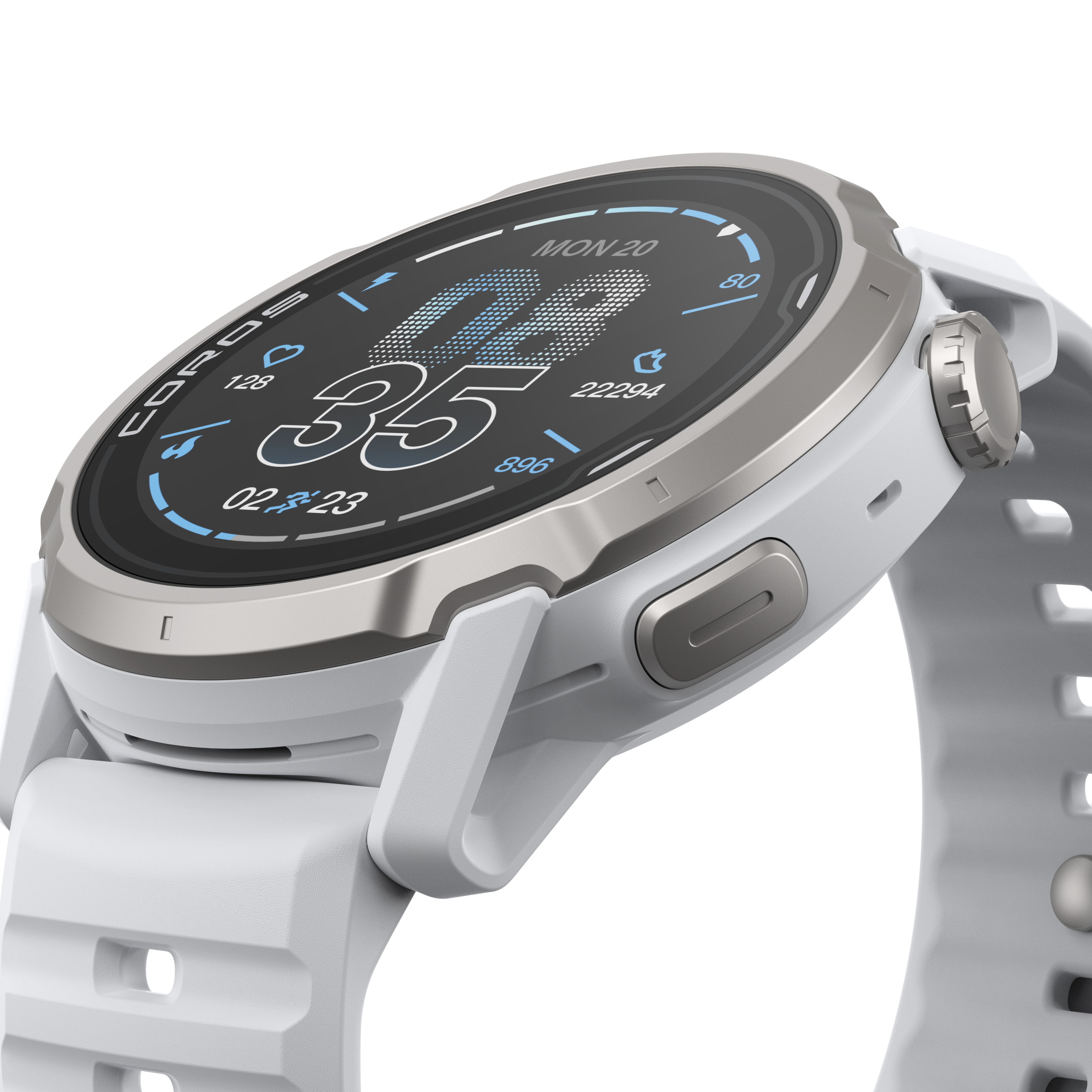 Uno smartwatch bianco con ghiera argentata e display digitale nero.