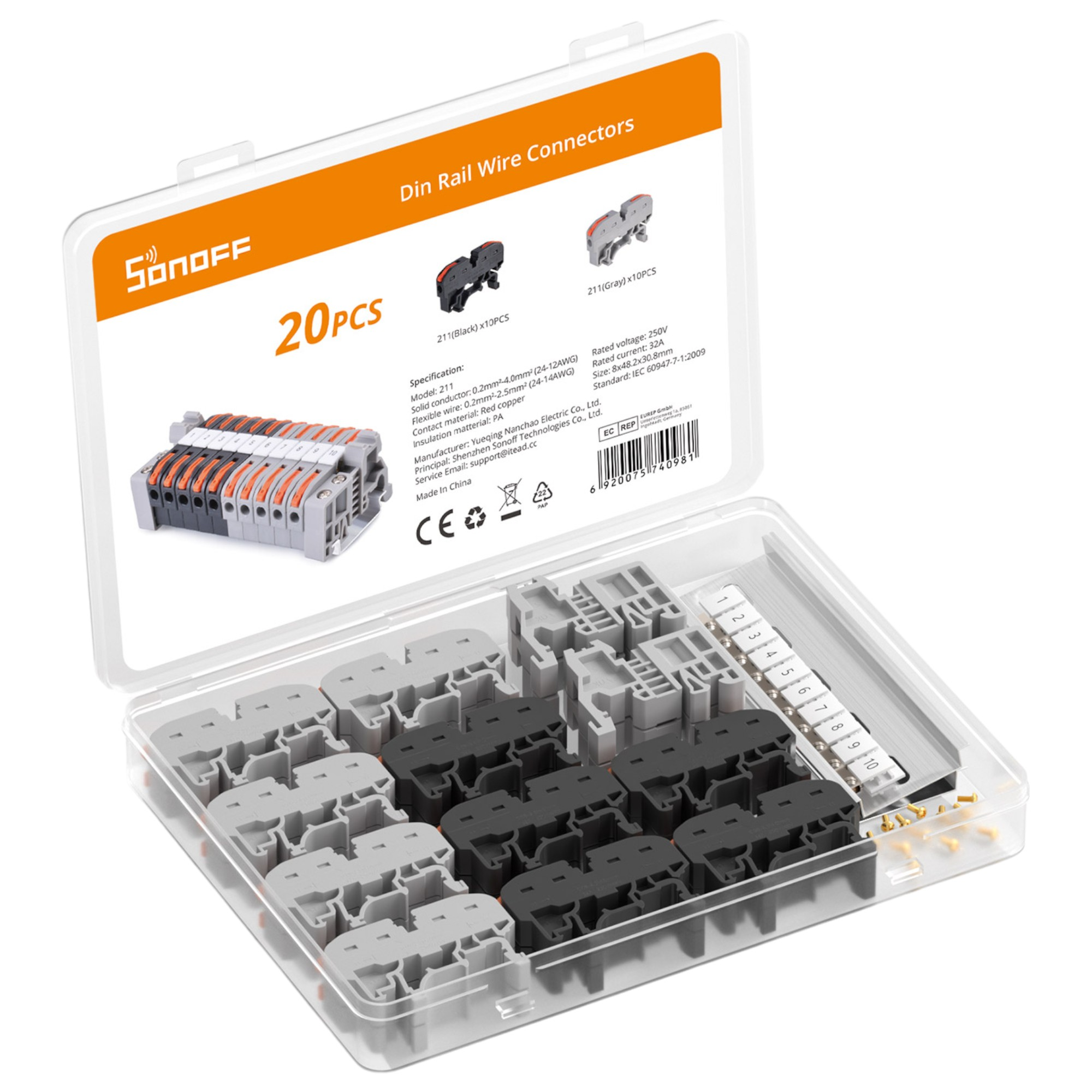Opakowanie 20 złączy kablowych na szynę DIN, czarne i szare.