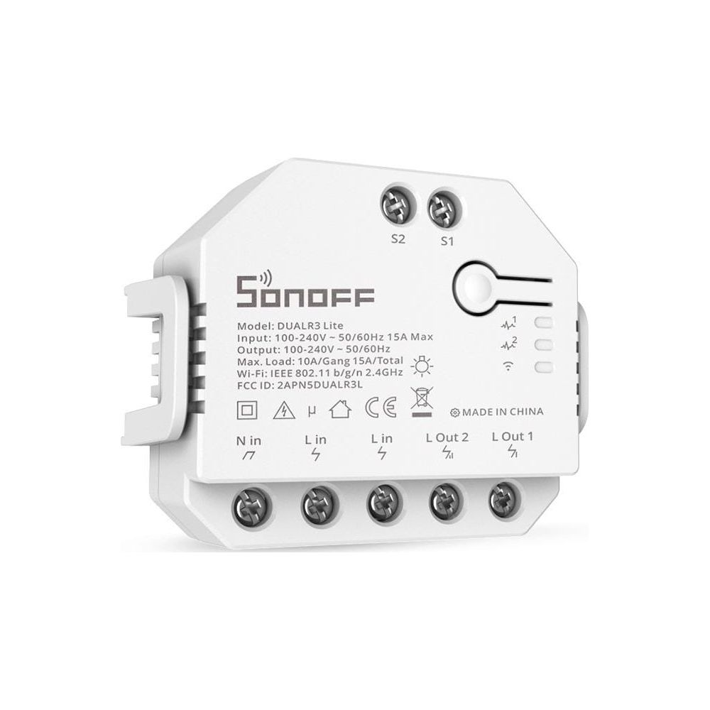 Biały przełącznik Sonoff DUALR3 Lite ze złączami i etykietami.