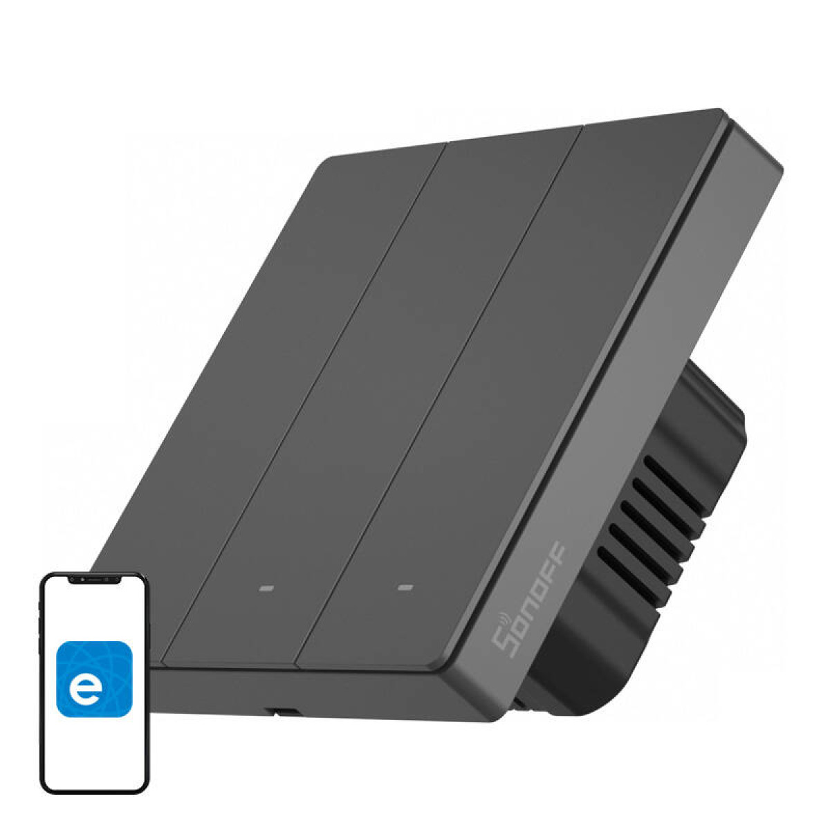 Szary, trzyprzyciskowy inteligentny przełącznik obok smartfona z niebieską ikoną aplikacji.