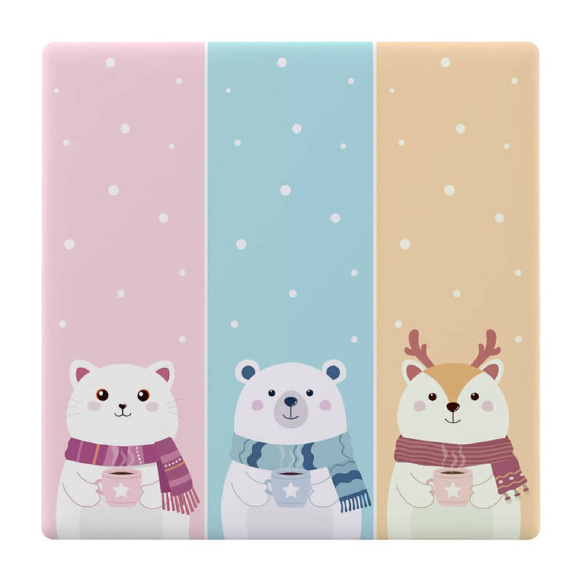 Trzy zwierzęta w szalikach trzymające kubki na pastelowym tle.