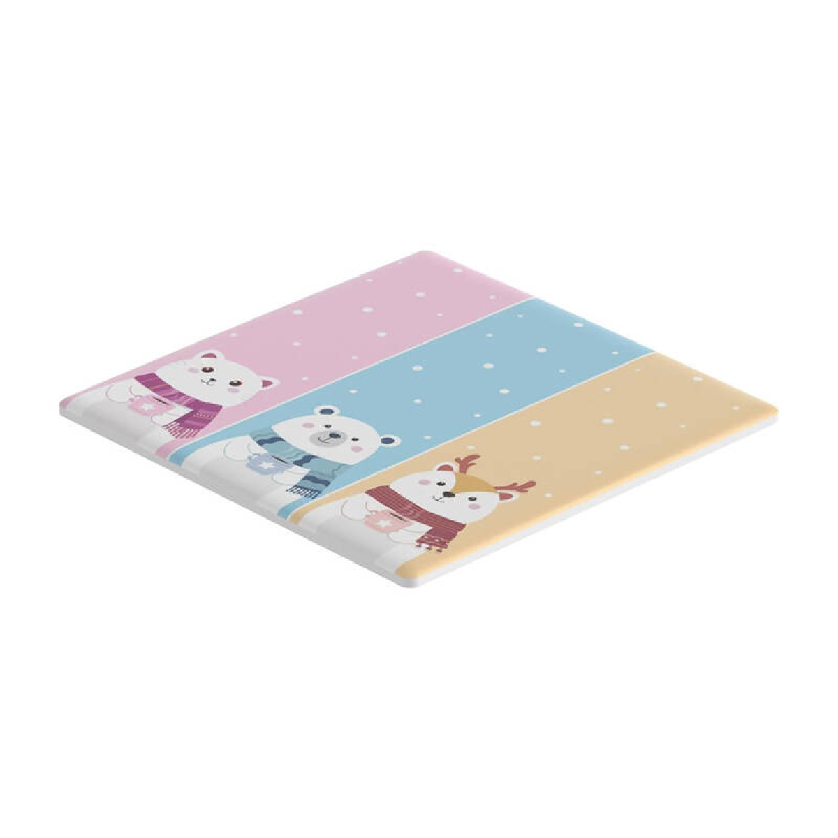 Trzy urocze zwierzęta w szalikach na pastelowym pasiastym tle w kropki.