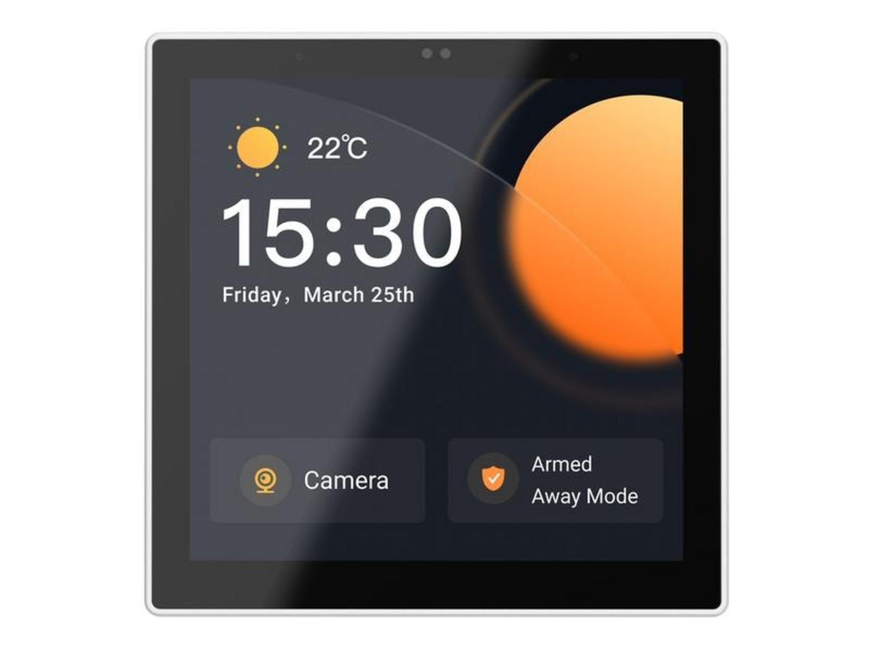 Tablet wyświetla 22°C, 15:30 i piątek, 25 marca. Widoczna kamera i tryb uzbrojenia w czasie nieobecności.