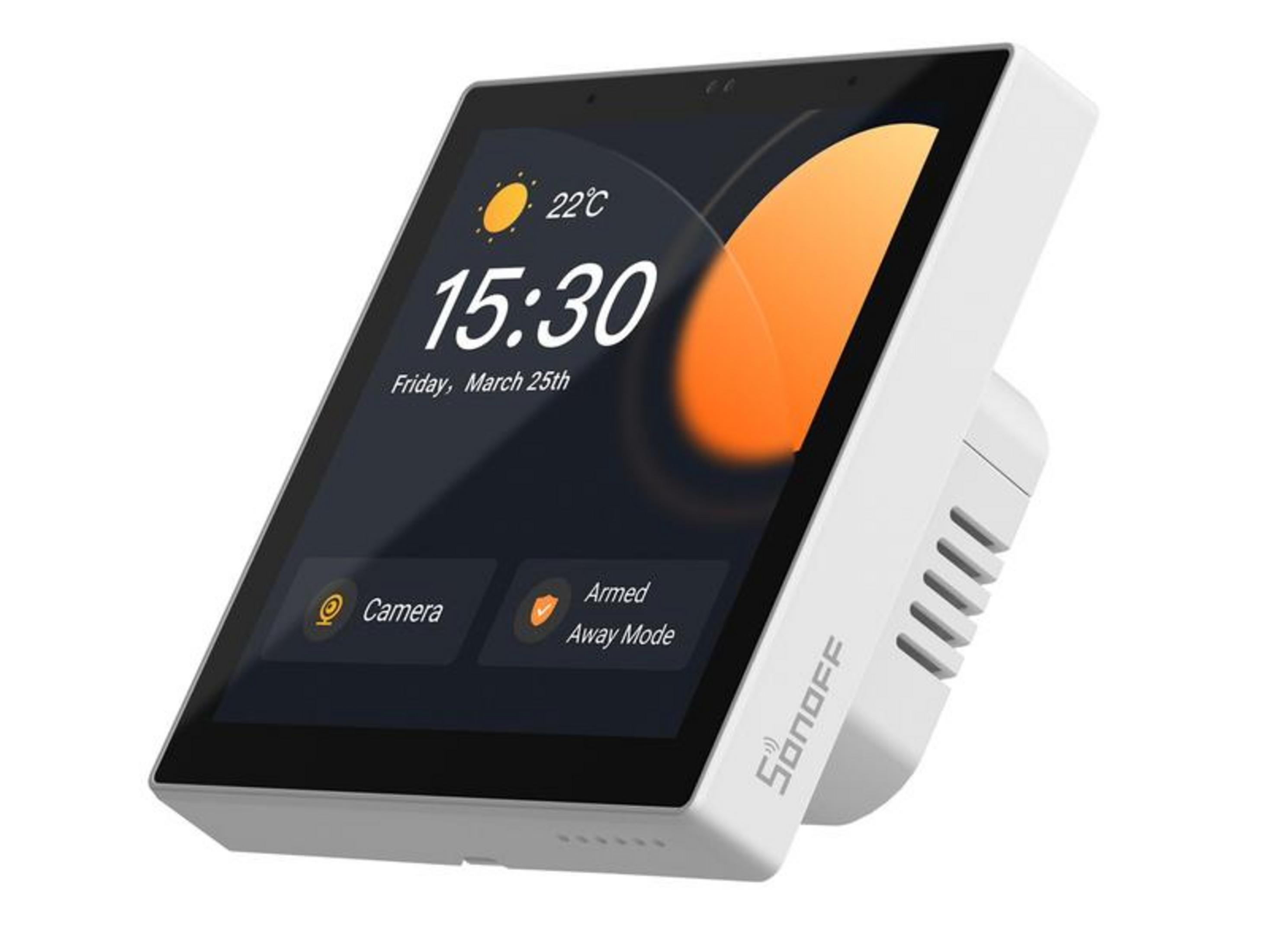 Biały wyświetlacz inteligentnego domu pokazuje 22°C, 15:30 i "Kamera".